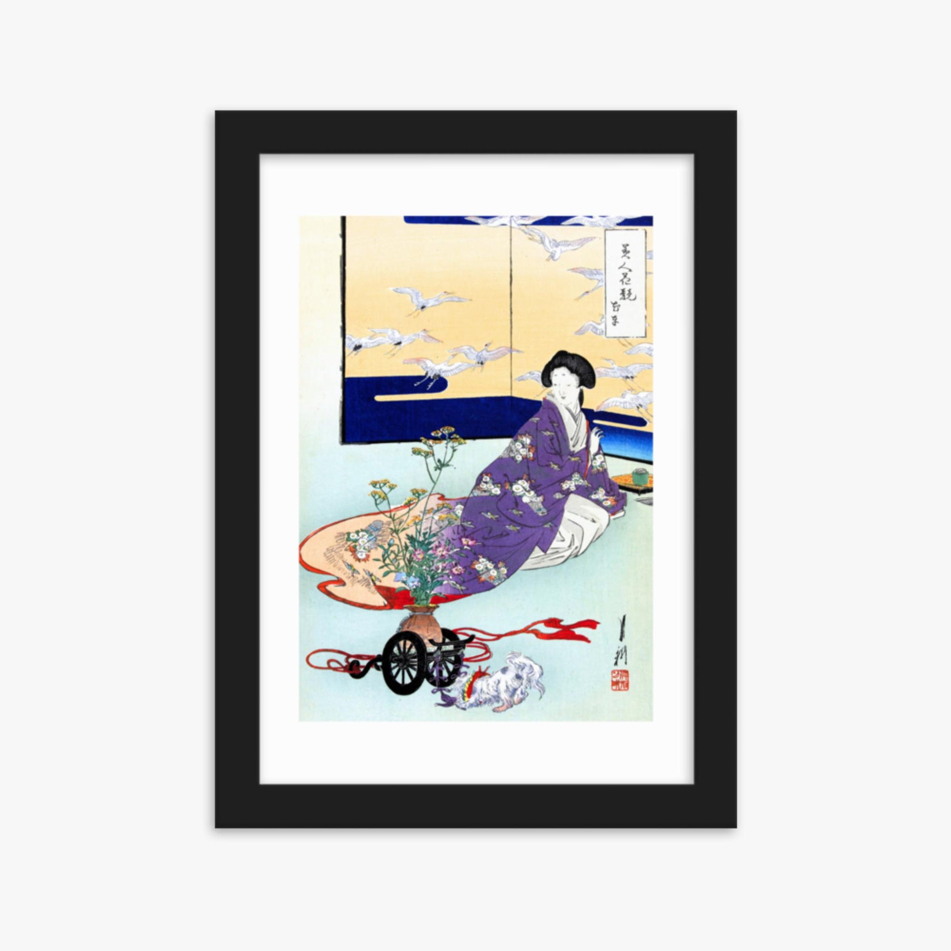 Ogata Gekko - Dog Playing with Flower Cart 21x30 cm Poster With Black Frame