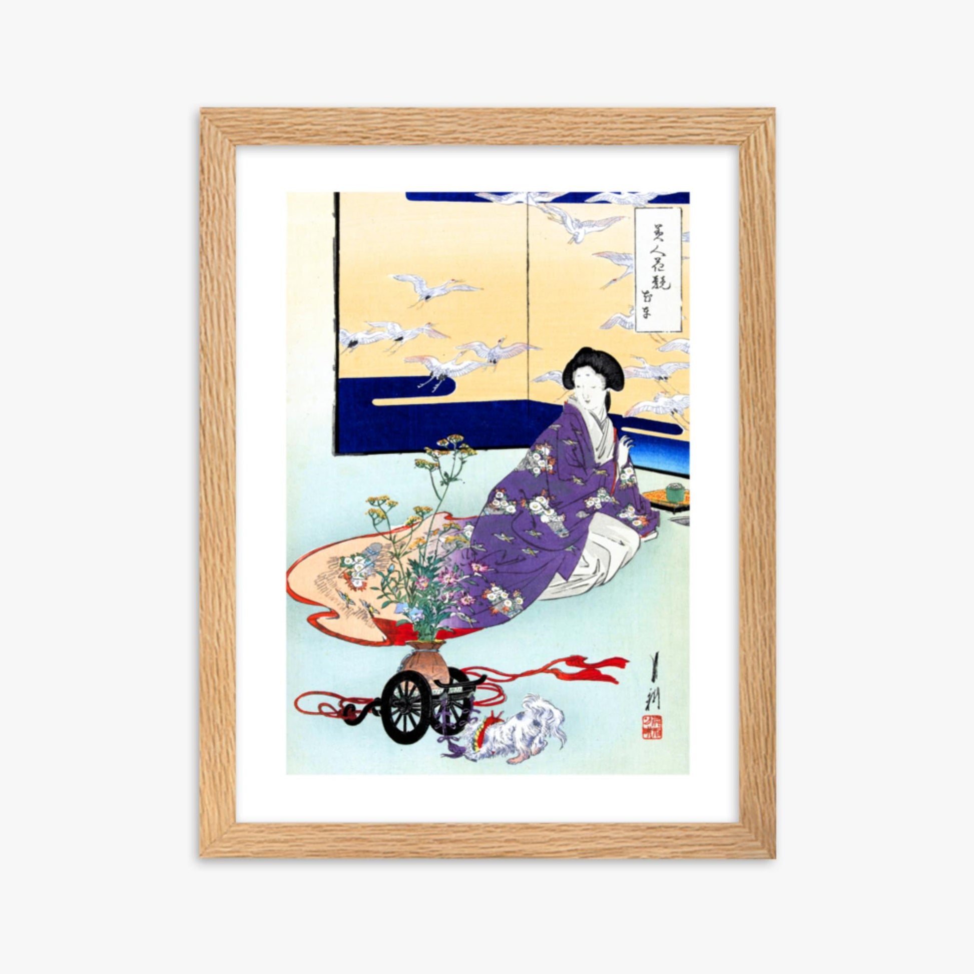 Ogata Gekko - Dog Playing with Flower Cart 30x40 cm Poster With Oak Frame