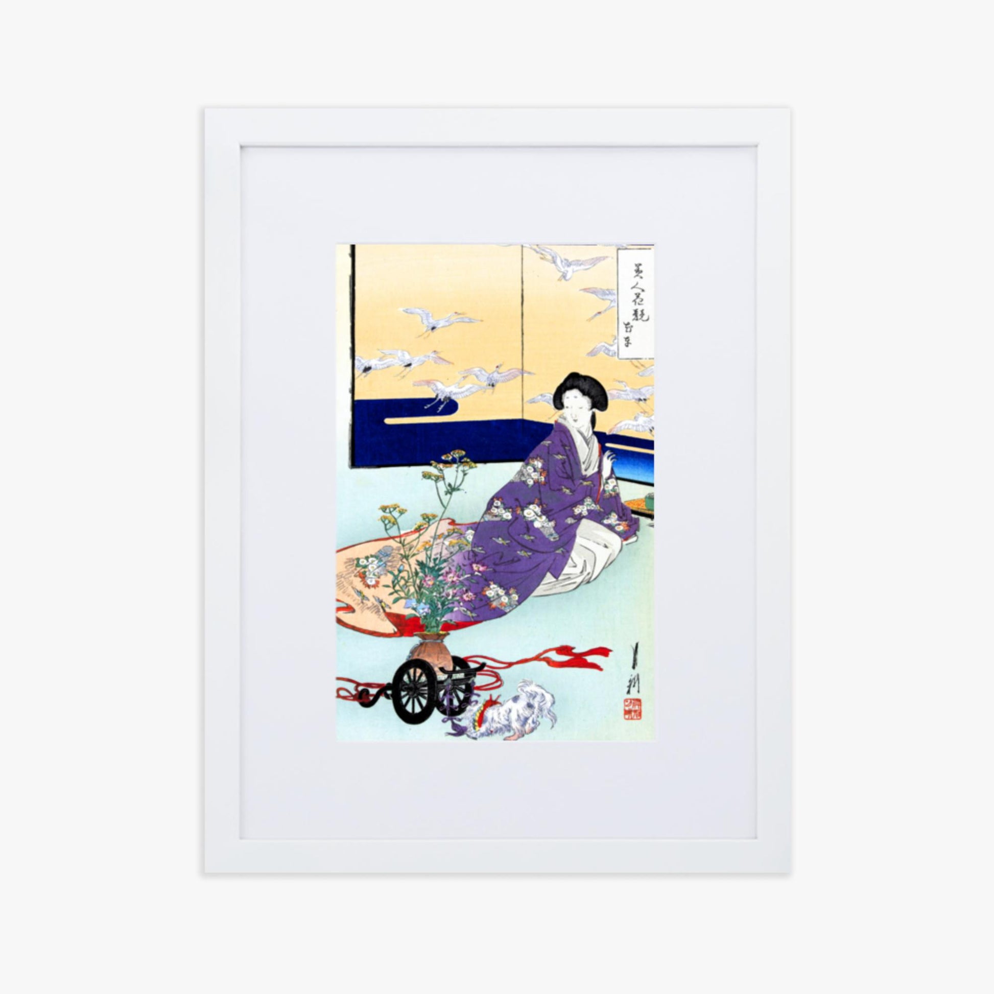 Ogata Gekko - Dog Playing with Flower Cart 30x40 cm Poster With White Frame