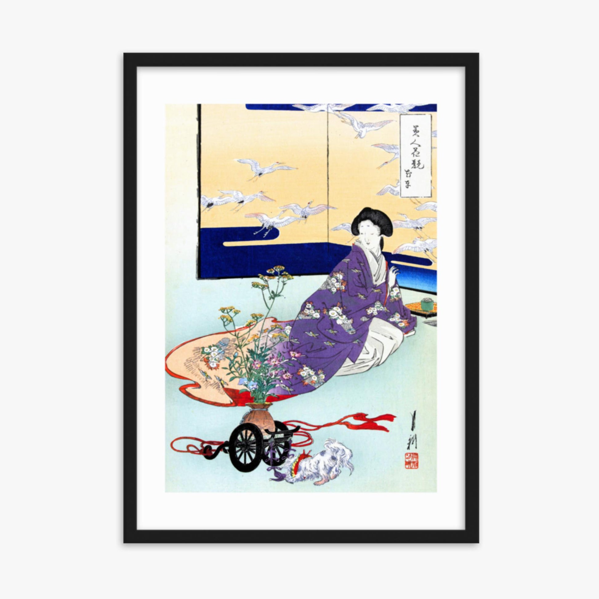 Ogata Gekko - Dog Playing with Flower Cart 50x70 cm Poster With Black Frame