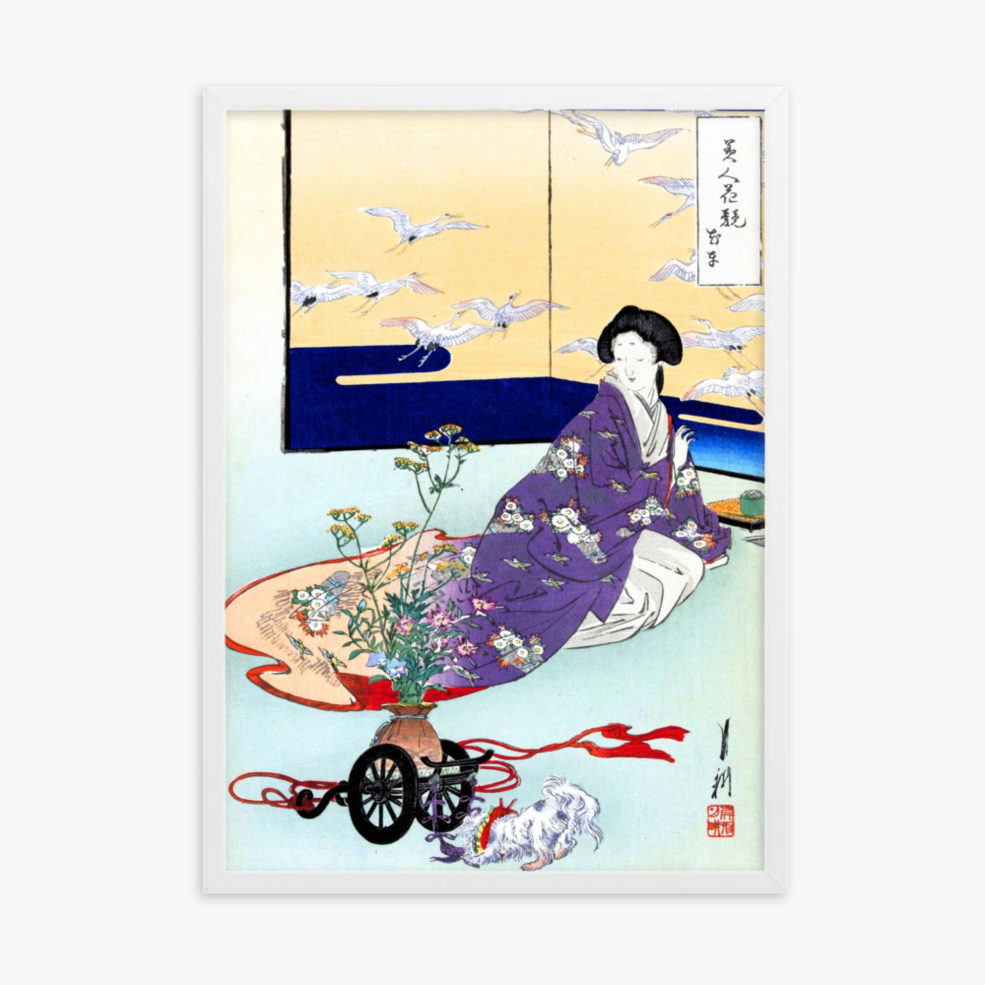 Ogata Gekko - Dog Playing with Flower Cart 50x70 cm Poster With White Frame