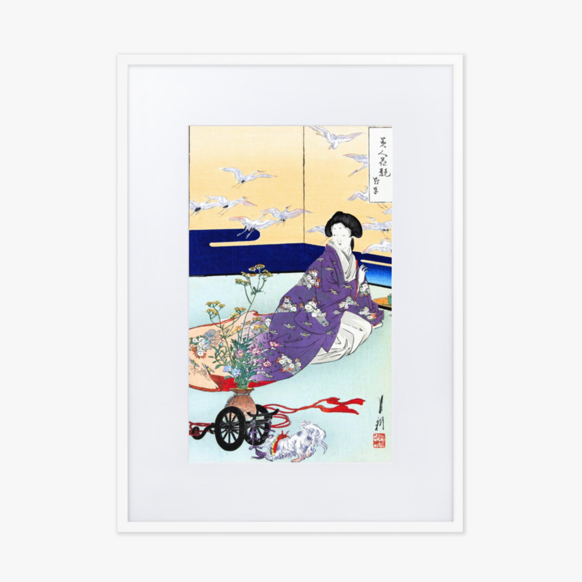 Ogata Gekko - Dog Playing with Flower Cart 50x70 cm Poster With White Frame