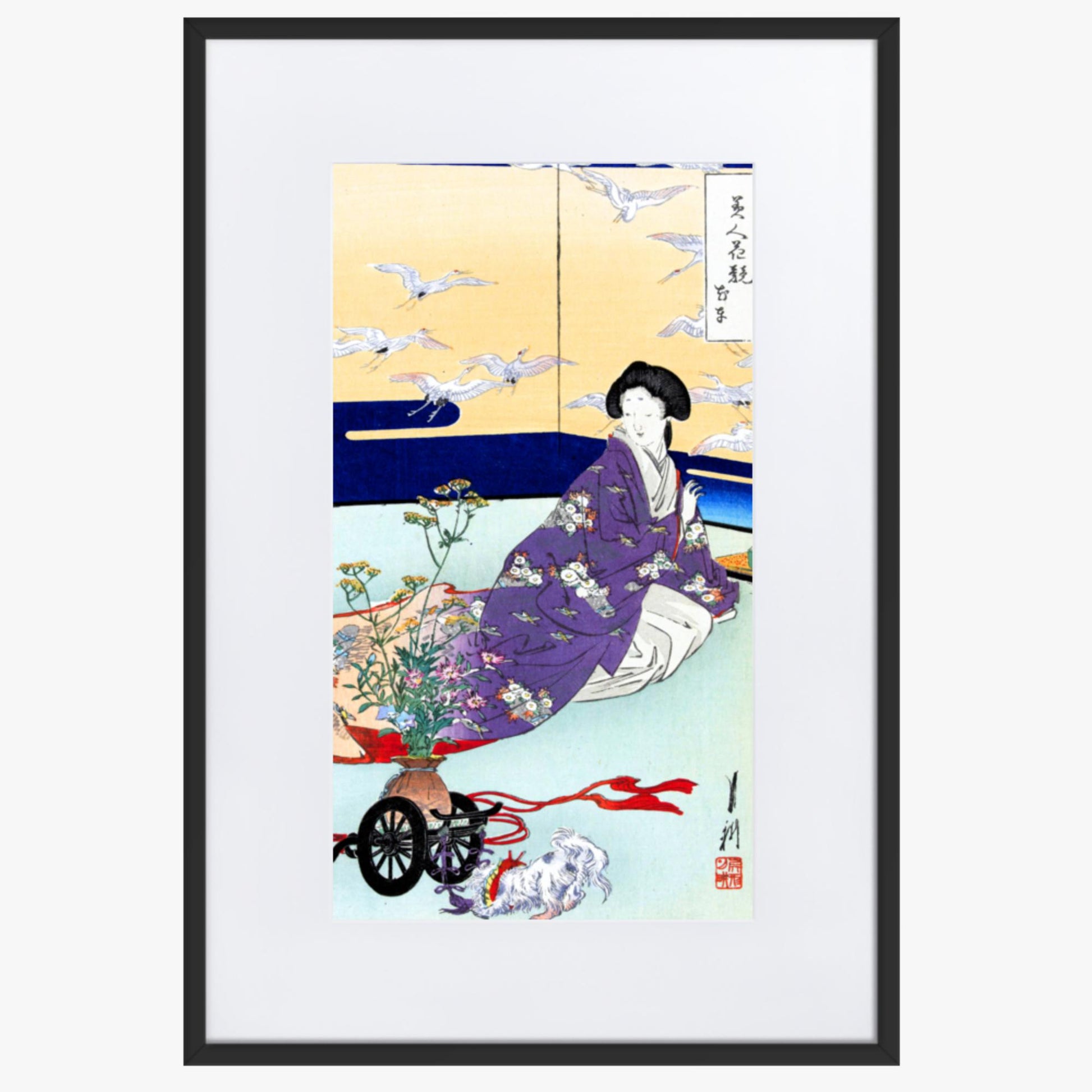 Ogata Gekko - Dog Playing with Flower Cart 61x91 cm Poster With Black Frame