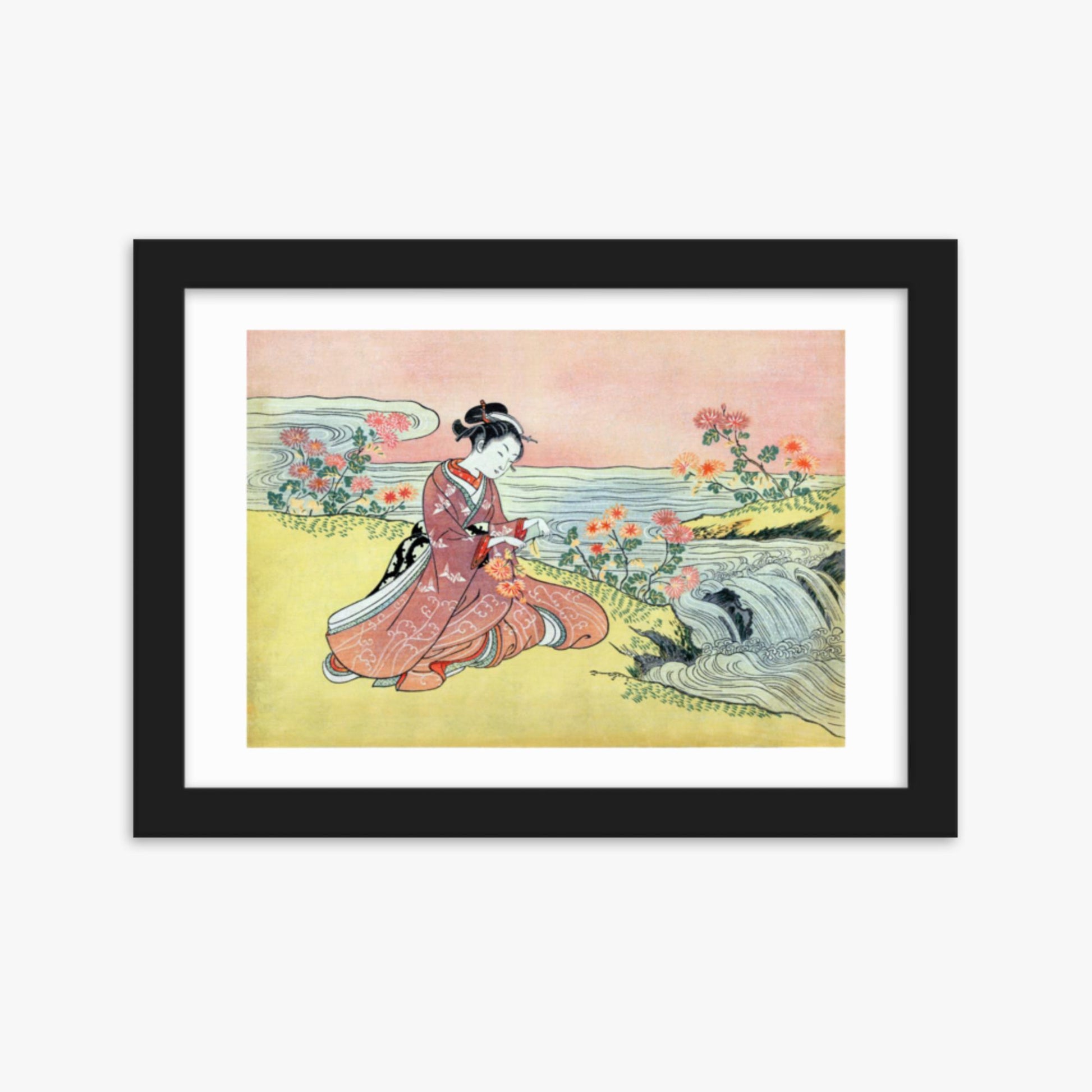 Suzuki Harunobu - Woman Picking Chrysanthemum 21x30 cm Poster With Black Frame