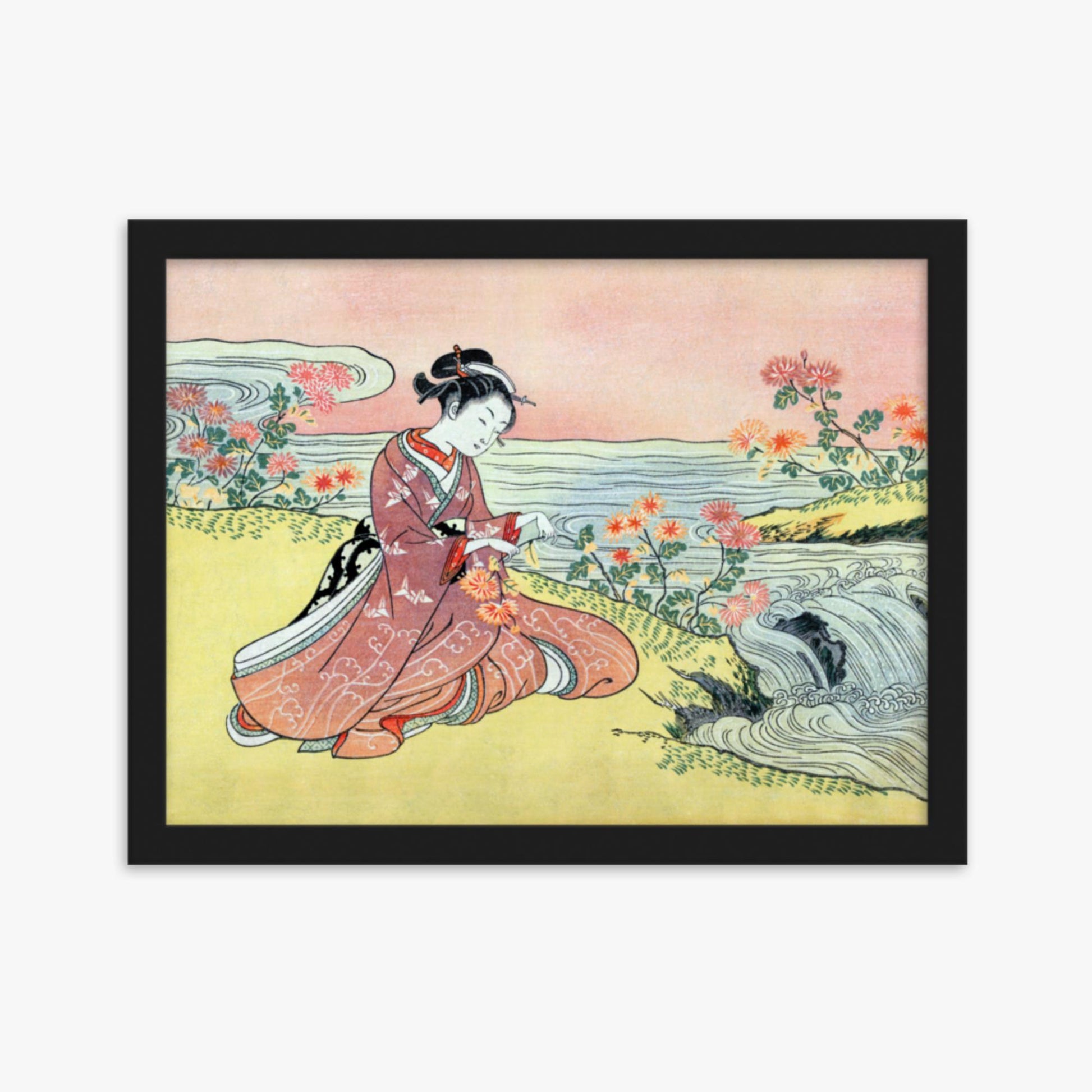 Suzuki Harunobu - Woman Picking Chrysanthemum 30x40 cm Poster With Black Frame