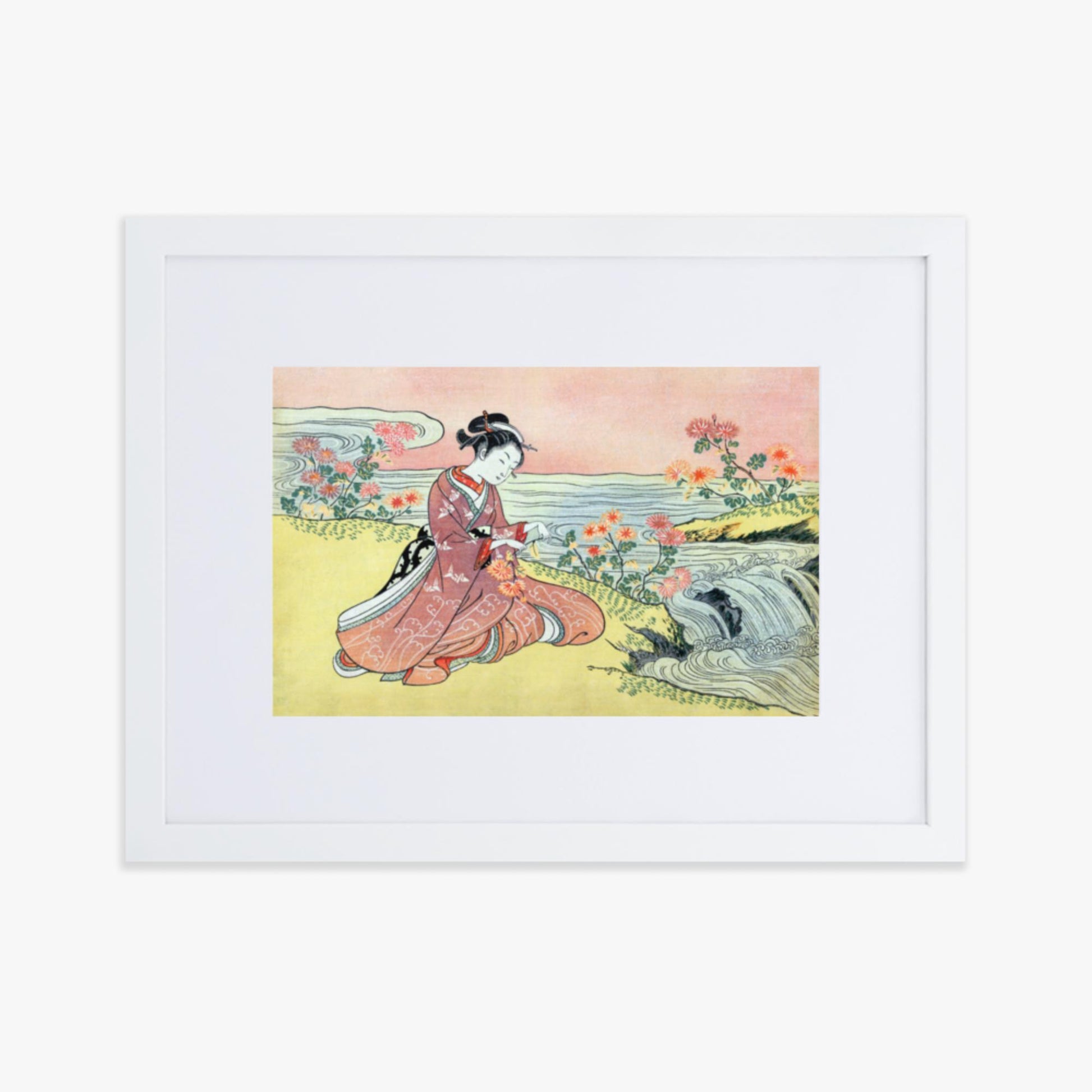 Suzuki Harunobu - Woman Picking Chrysanthemum 30x40 cm Poster With White Frame