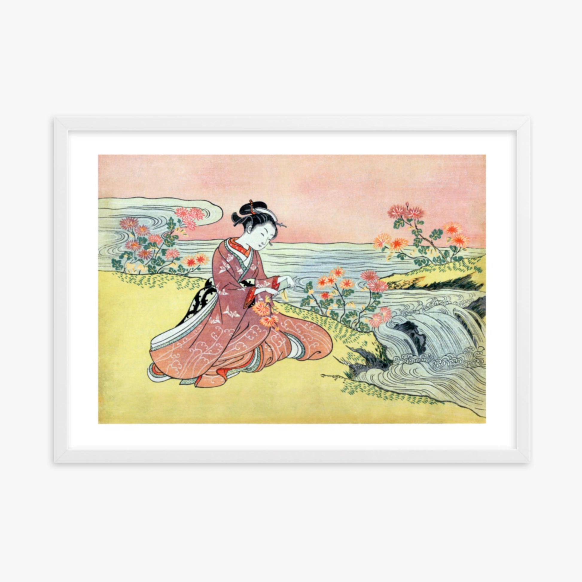 Suzuki Harunobu - Woman Picking Chrysanthemum 50x70 cm Poster With White Frame