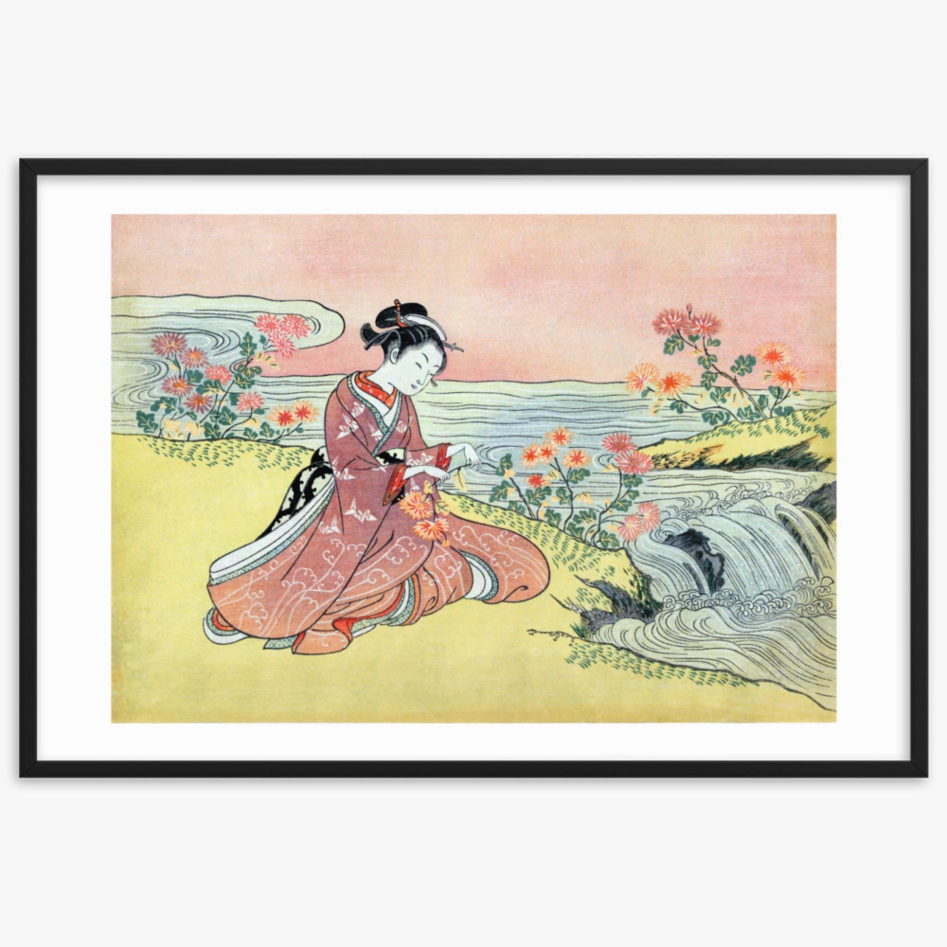 Suzuki Harunobu - Woman Picking Chrysanthemum 61x91 cm Poster With Black Frame