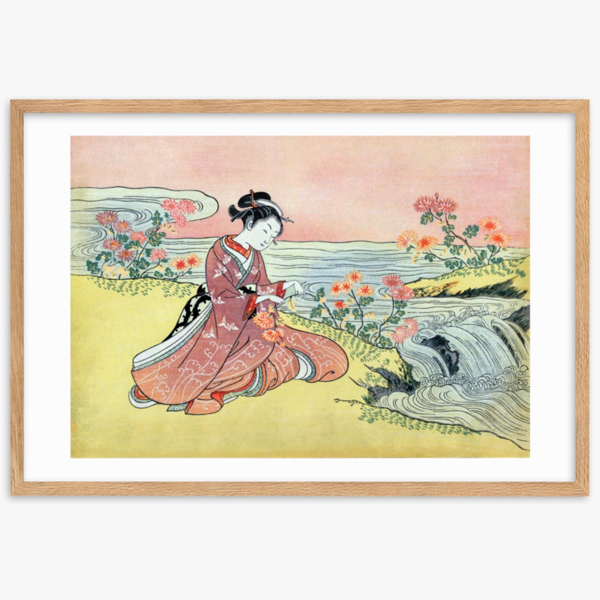 Suzuki Harunobu - Woman Picking Chrysanthemum 61x91 cm Poster With Oak Frame