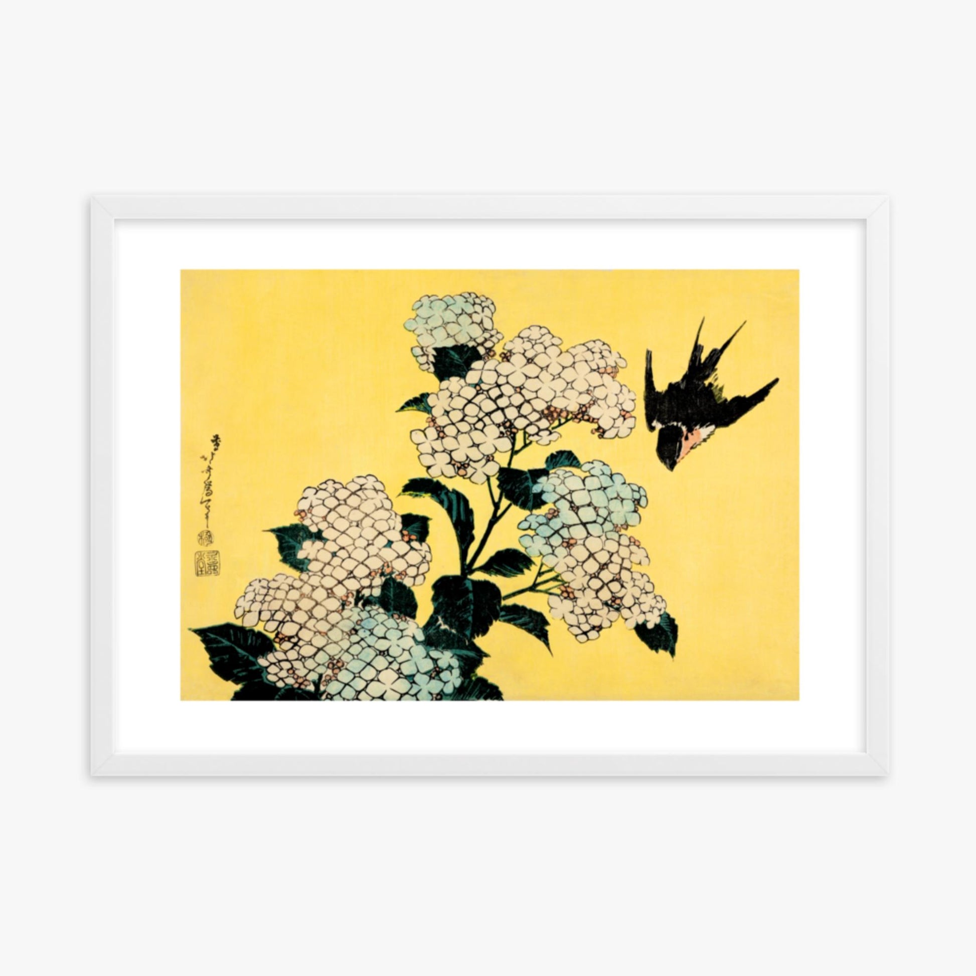 Katsushika Hokusai - Hydrangea and Swallow 50x70 cm Poster With White Frame