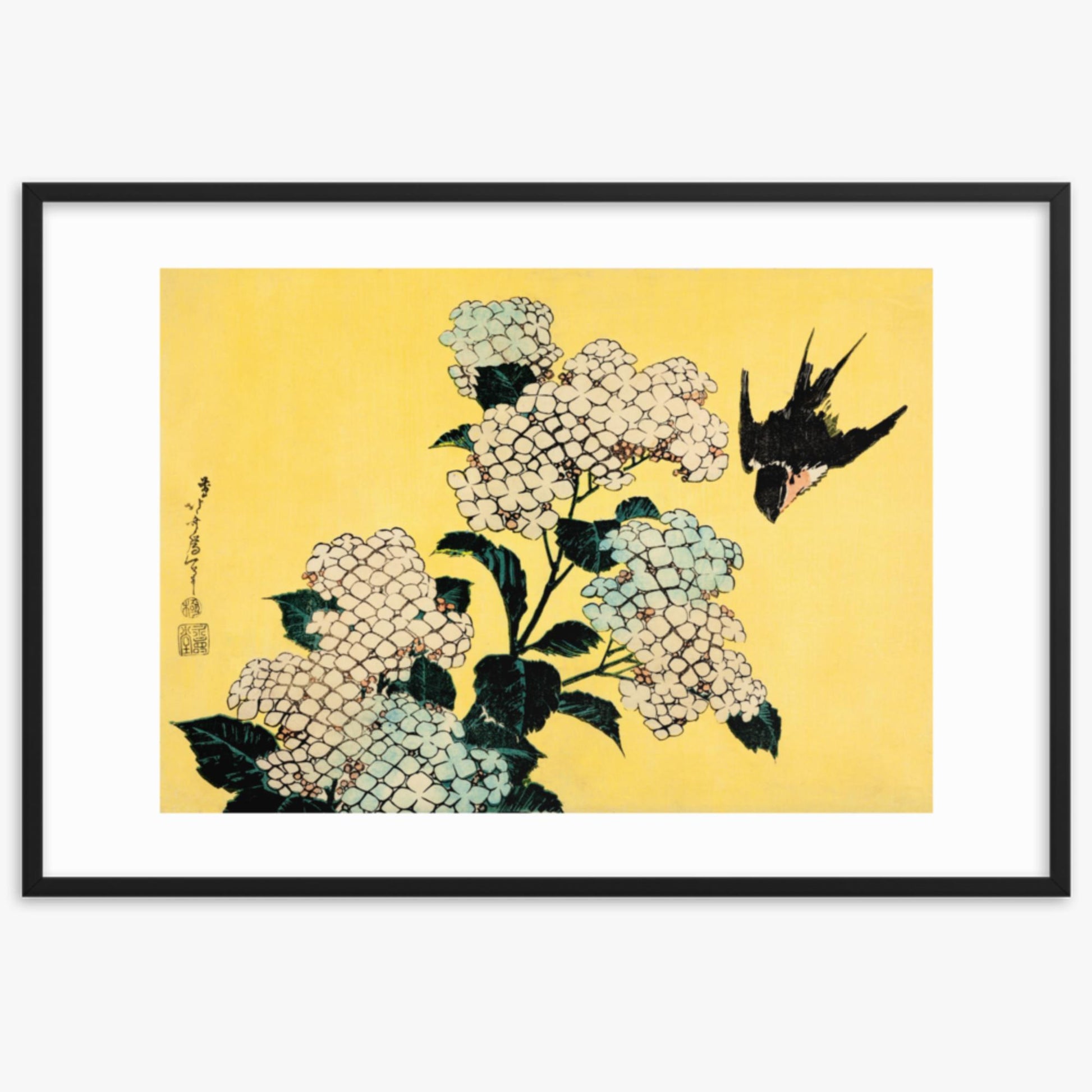 Katsushika Hokusai - Hydrangea and Swallow 61x91 cm Poster With Black Frame