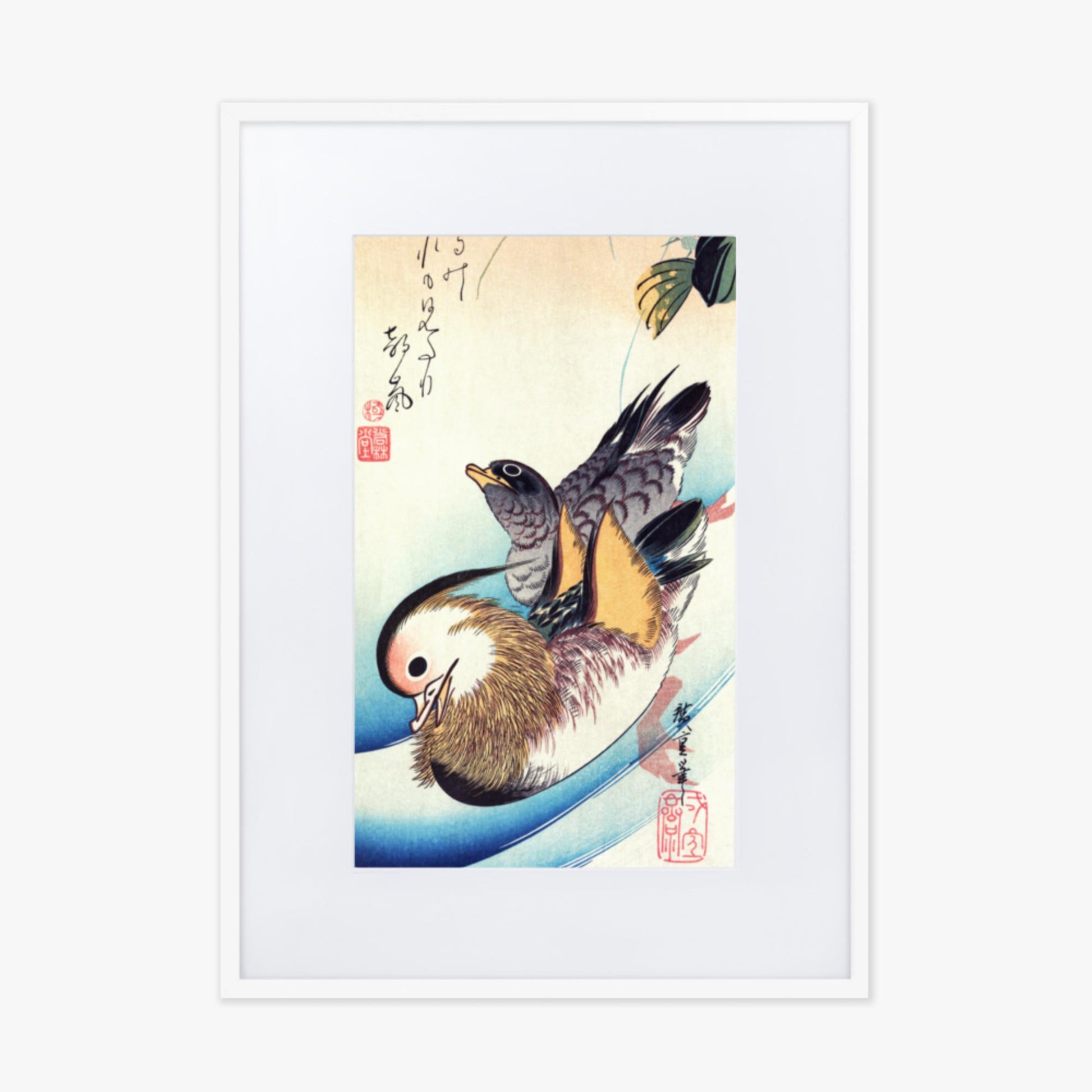 Utagawa Hiroshige - Two Mandarin Ducks 50x70 cm Poster With White Frame