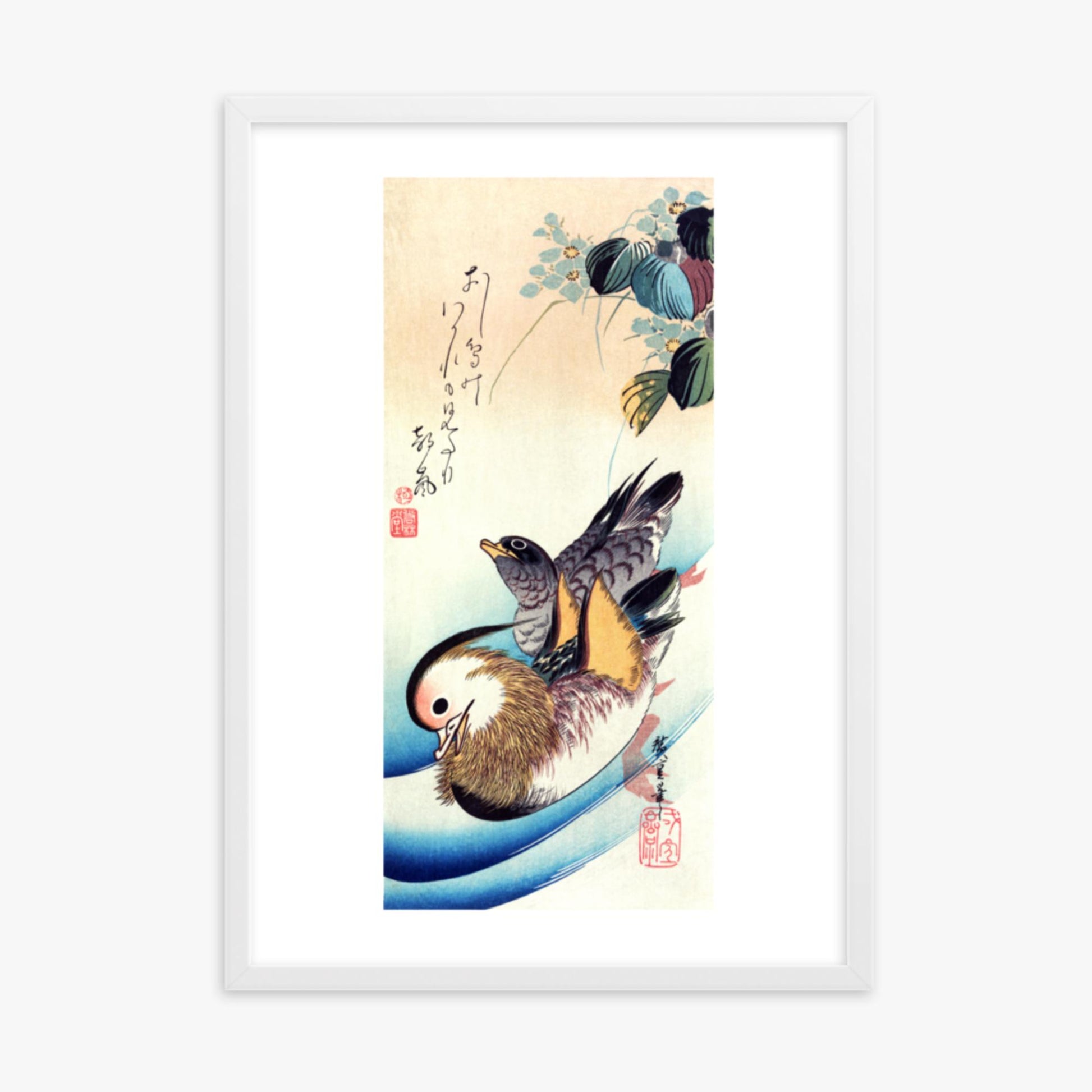 Utagawa Hiroshige - Two Mandarin Ducks 50x70 cm Poster With White Frame