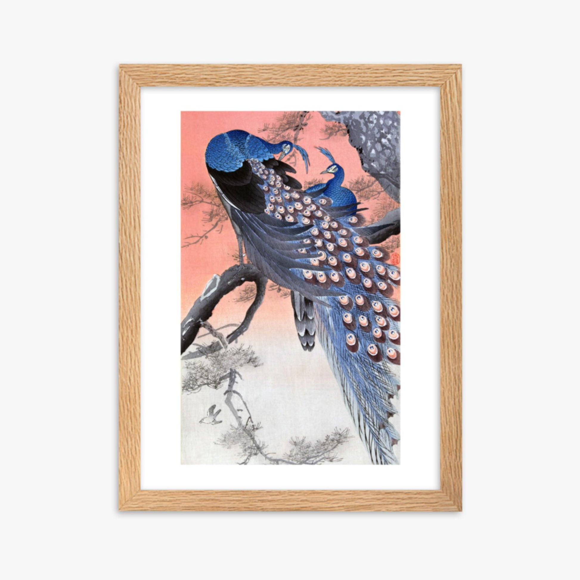 Ohara Koson - Two Peacocks on Tree Branch 30x40 cm Poster With Oak Frame