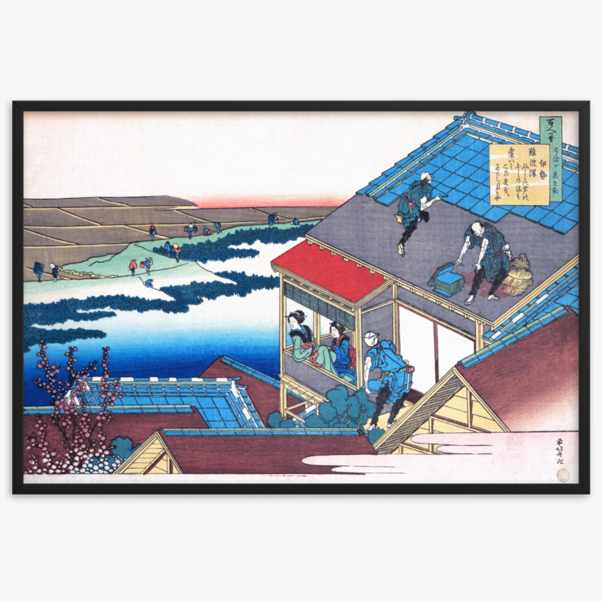 Katsushika Hokusai - Poem by Lady Ise 61x91 cm Poster With Black Frame