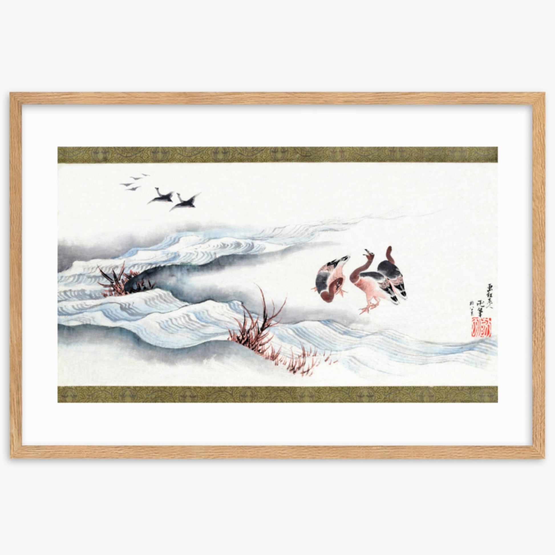 Katsushika Hokusai - Wild Geese and Water 61x91 cm Poster With Oak Frame