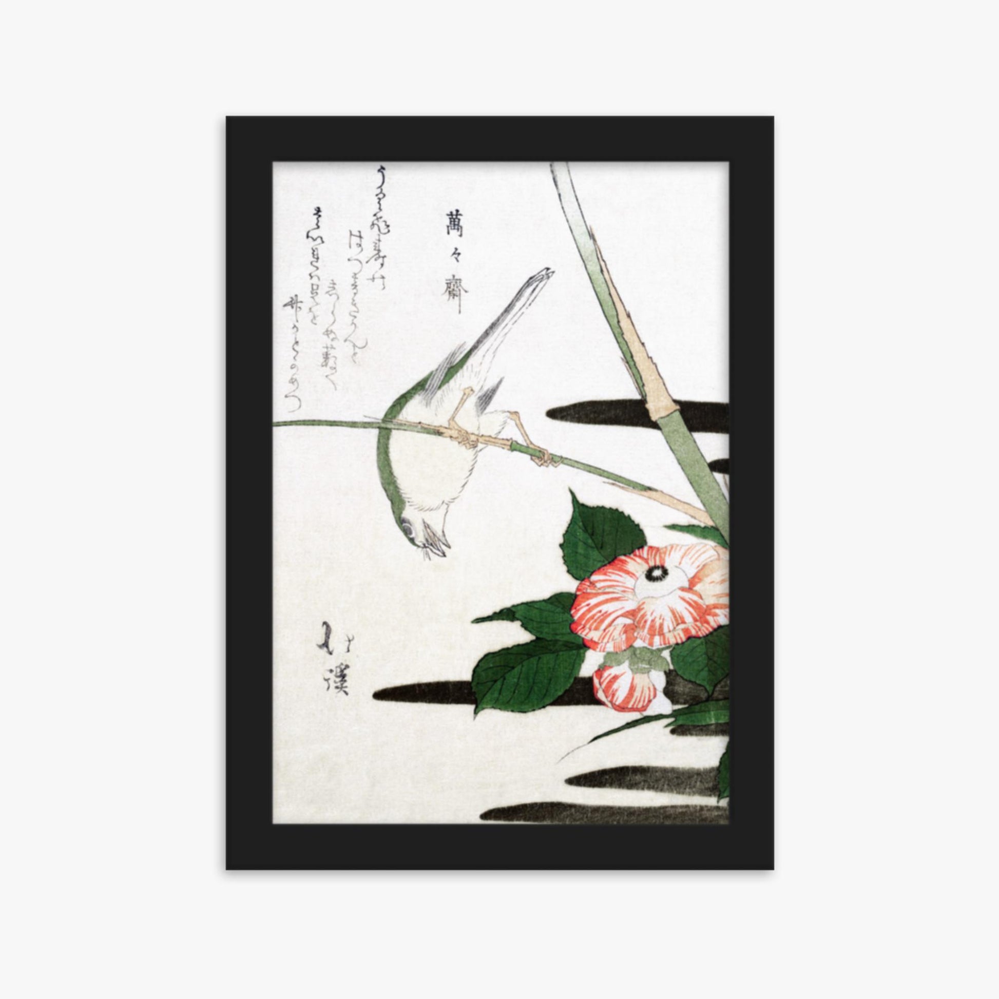 Totoya Hokkei - Warbler and Camellia 21x30 cm Poster With Black Frame