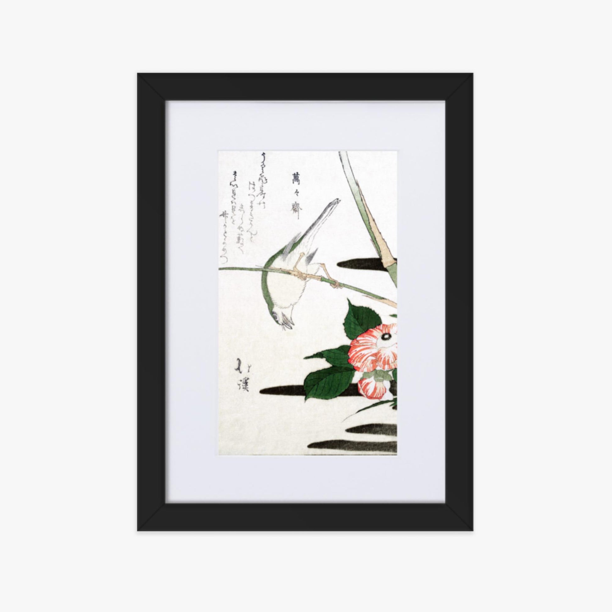 Totoya Hokkei - Warbler and Camellia 21x30 cm Poster With Black Frame