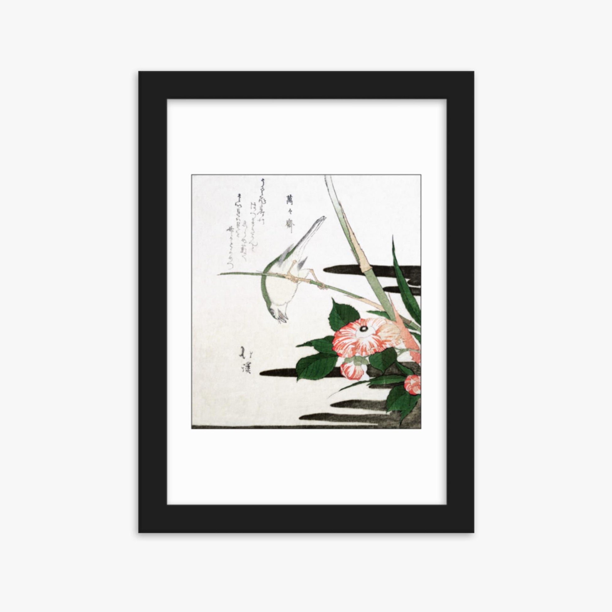 Totoya Hokkei - Warbler and Camellia 21x30 cm Poster With Black Frame