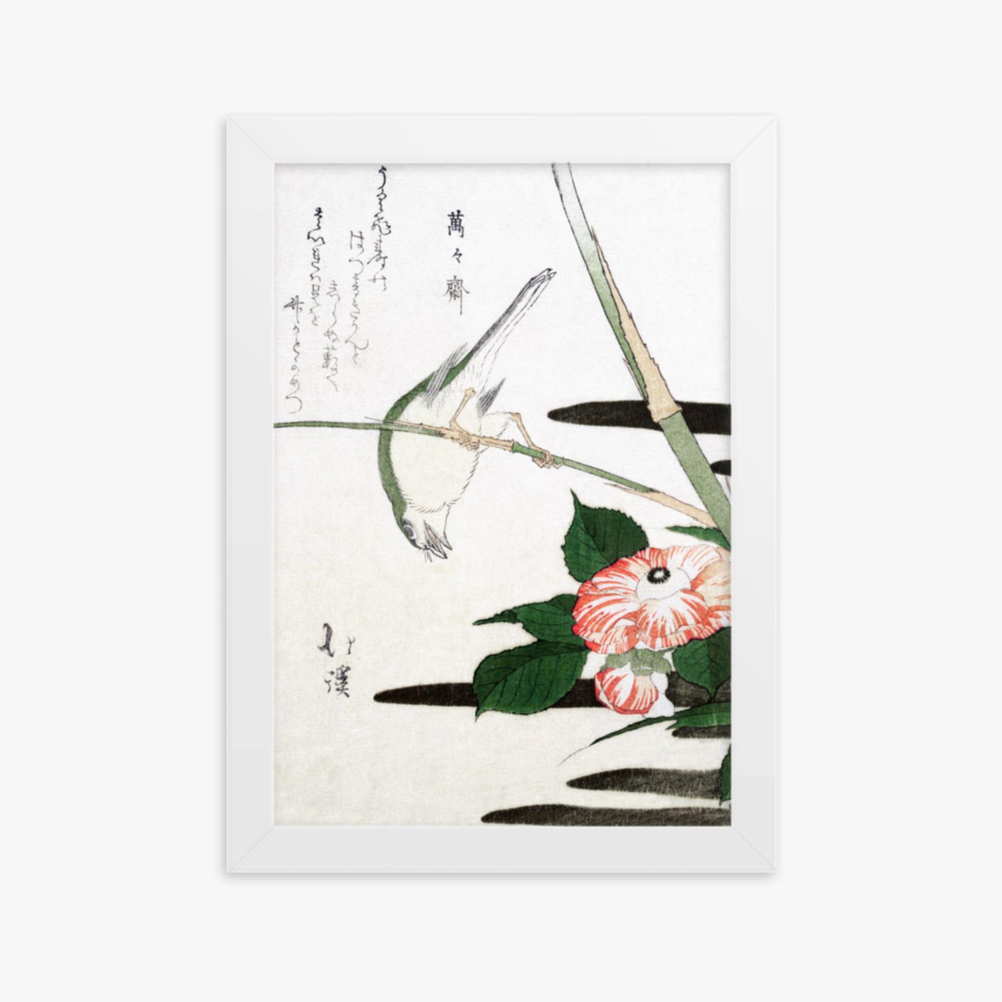 Totoya Hokkei - Warbler and Camellia 21x30 cm Poster With White Frame