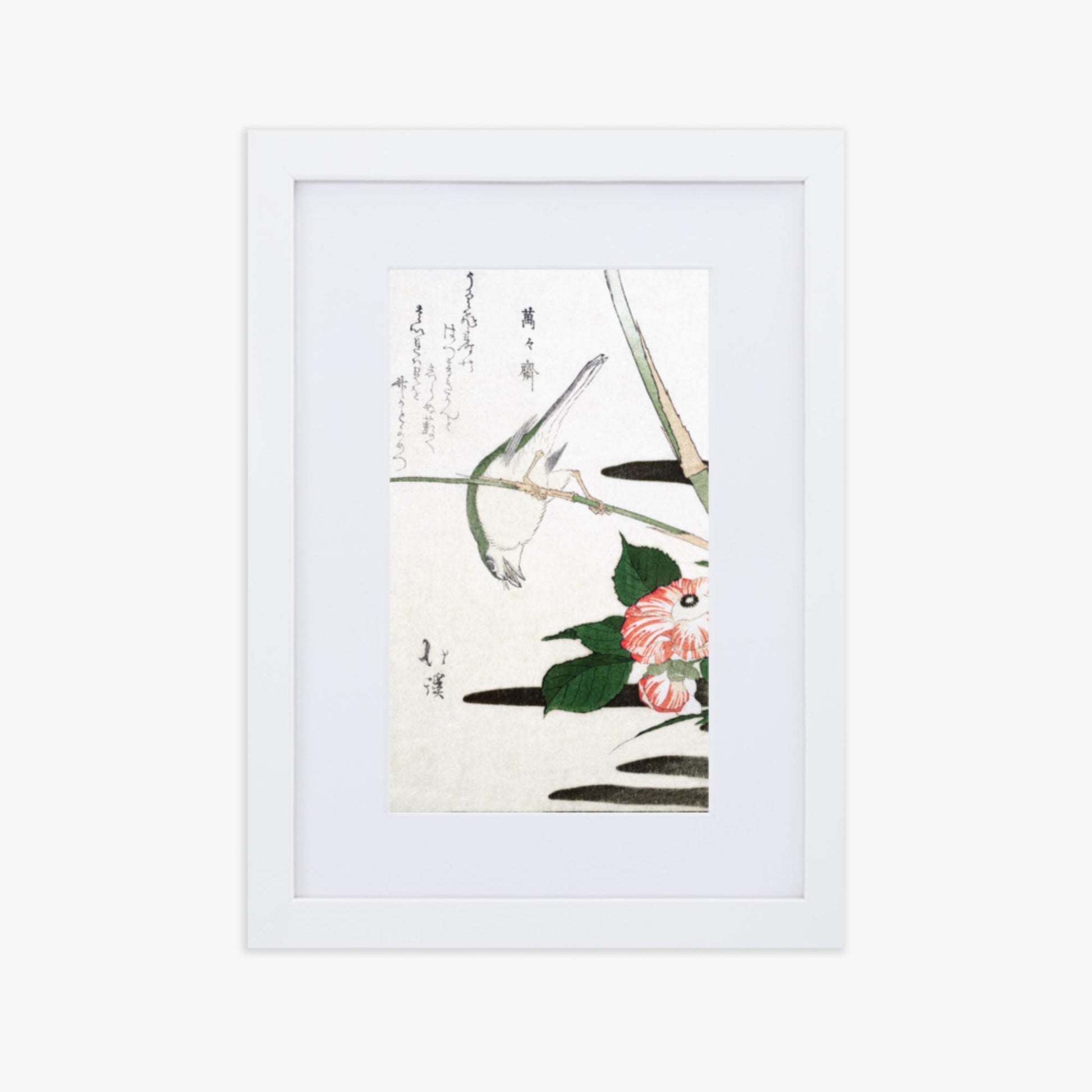 Totoya Hokkei - Warbler and Camellia 21x30 cm Poster With White Frame