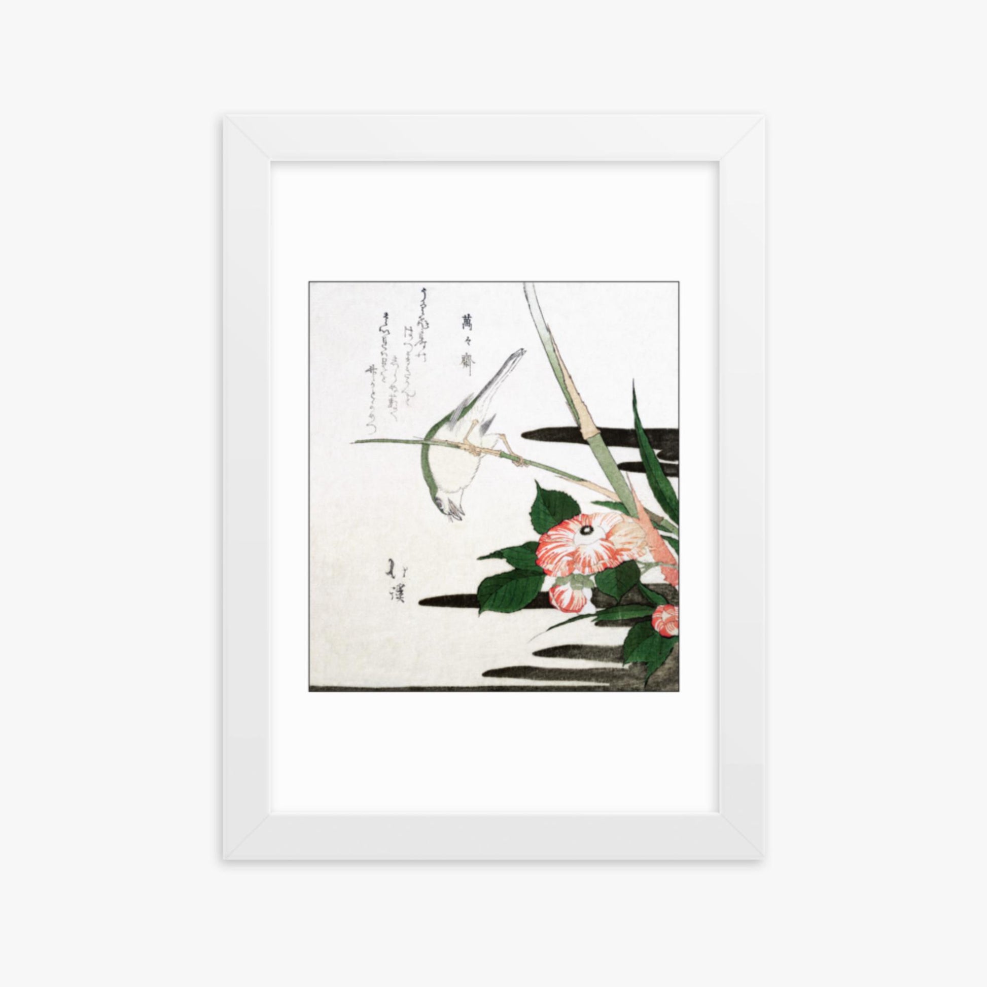 Totoya Hokkei - Warbler and Camellia 21x30 cm Poster With White Frame