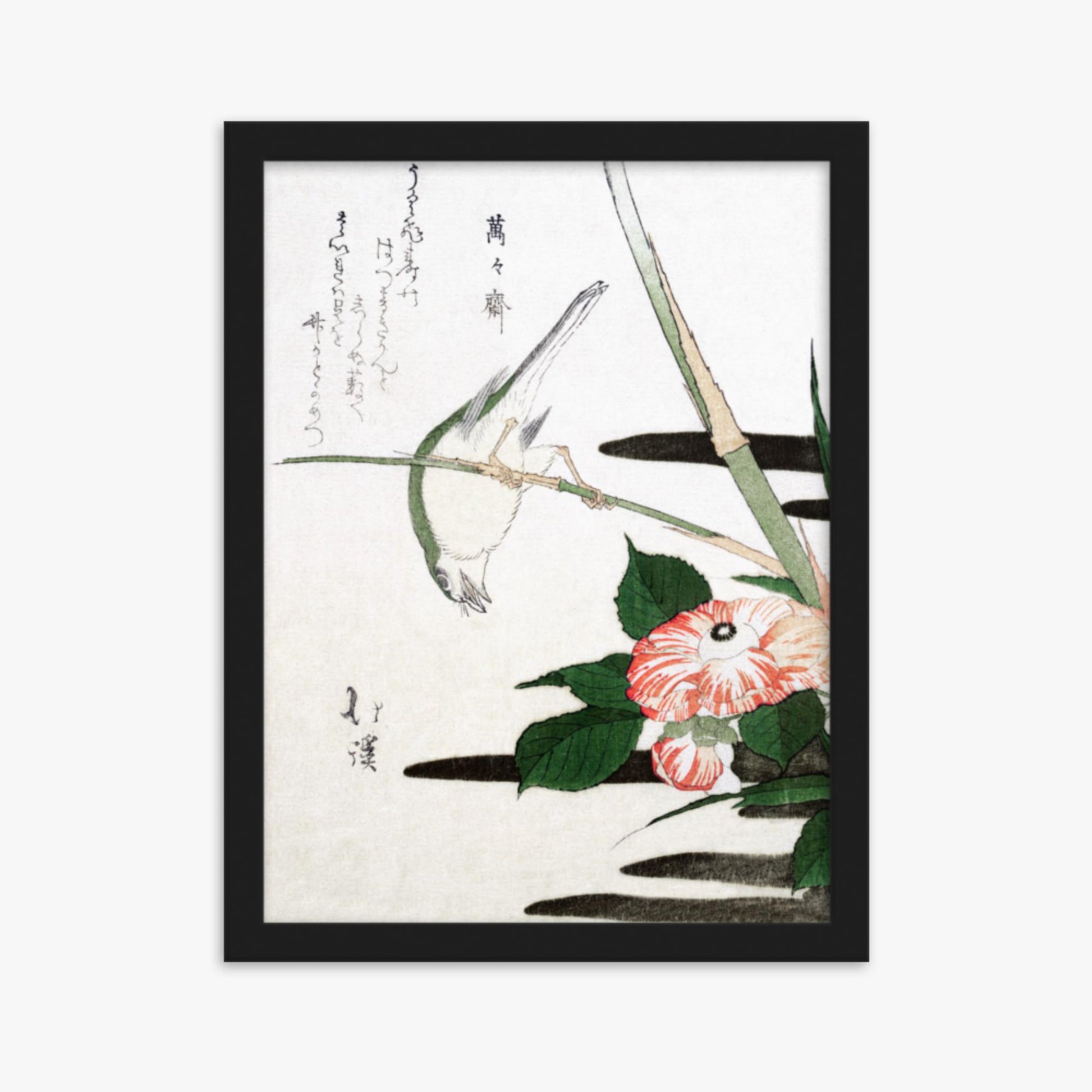 Totoya Hokkei - Warbler and Camellia 30x40 cm Poster With Black Frame