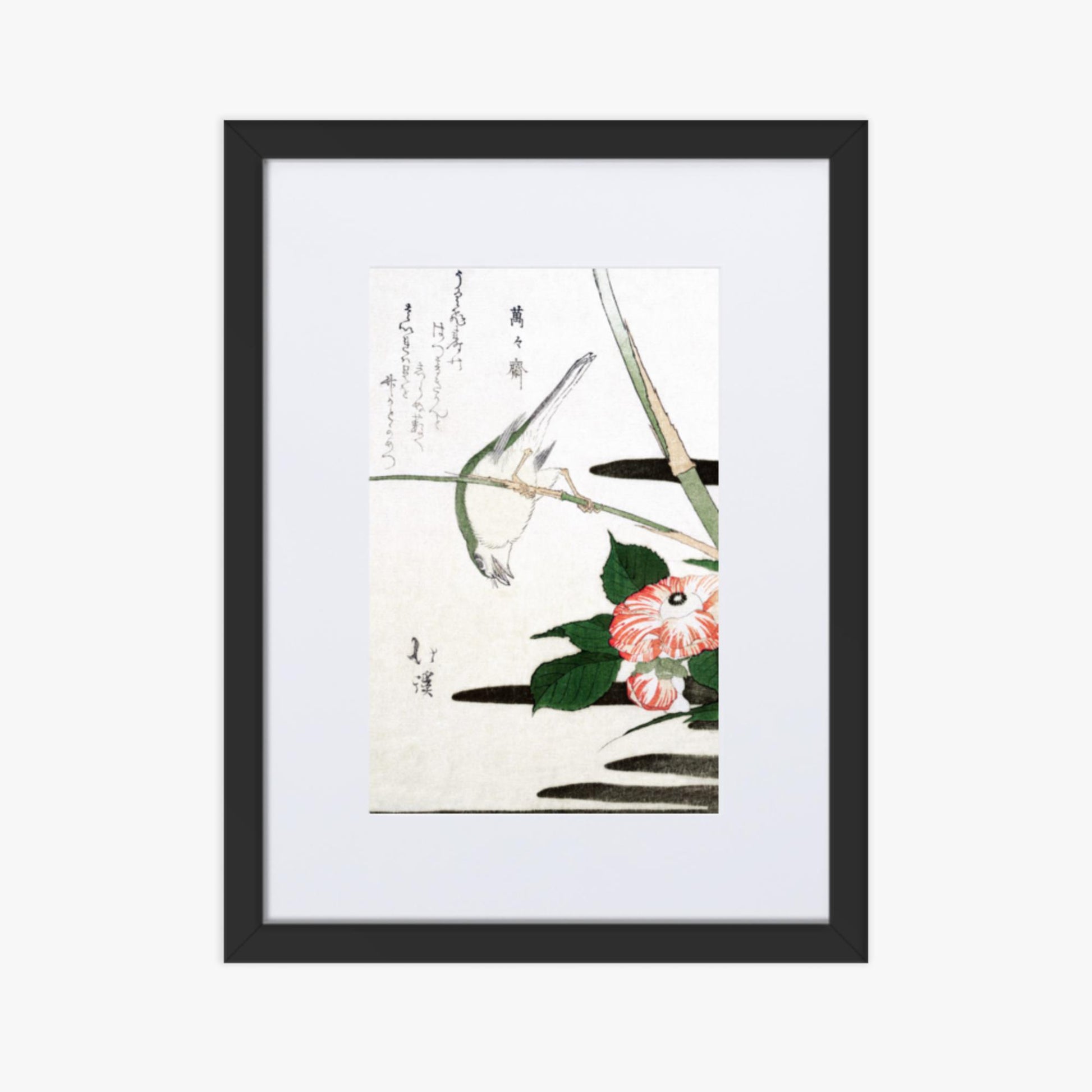 Totoya Hokkei - Warbler and Camellia 30x40 cm Poster With Black Frame