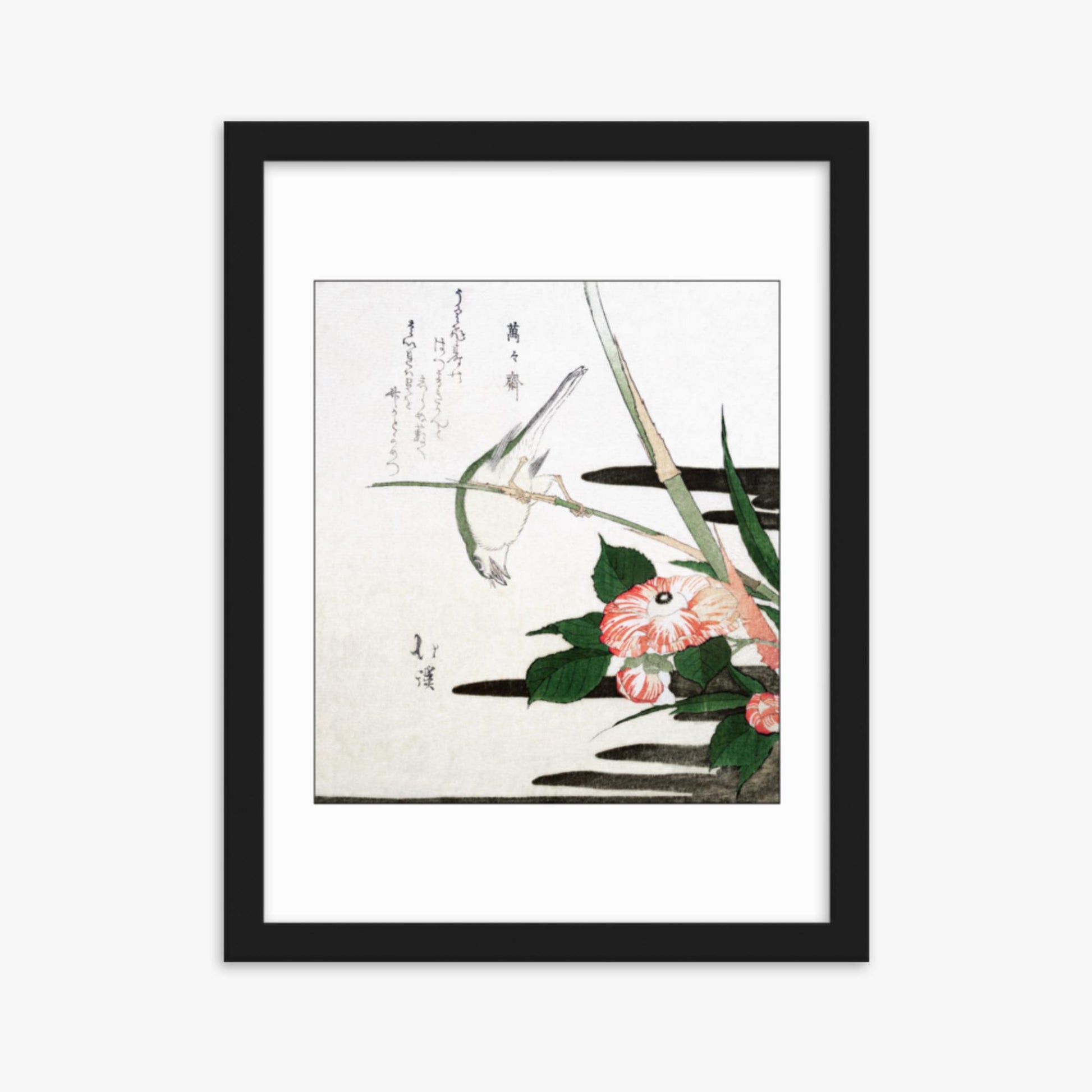 Totoya Hokkei - Warbler and Camellia 30x40 cm Poster With Black Frame