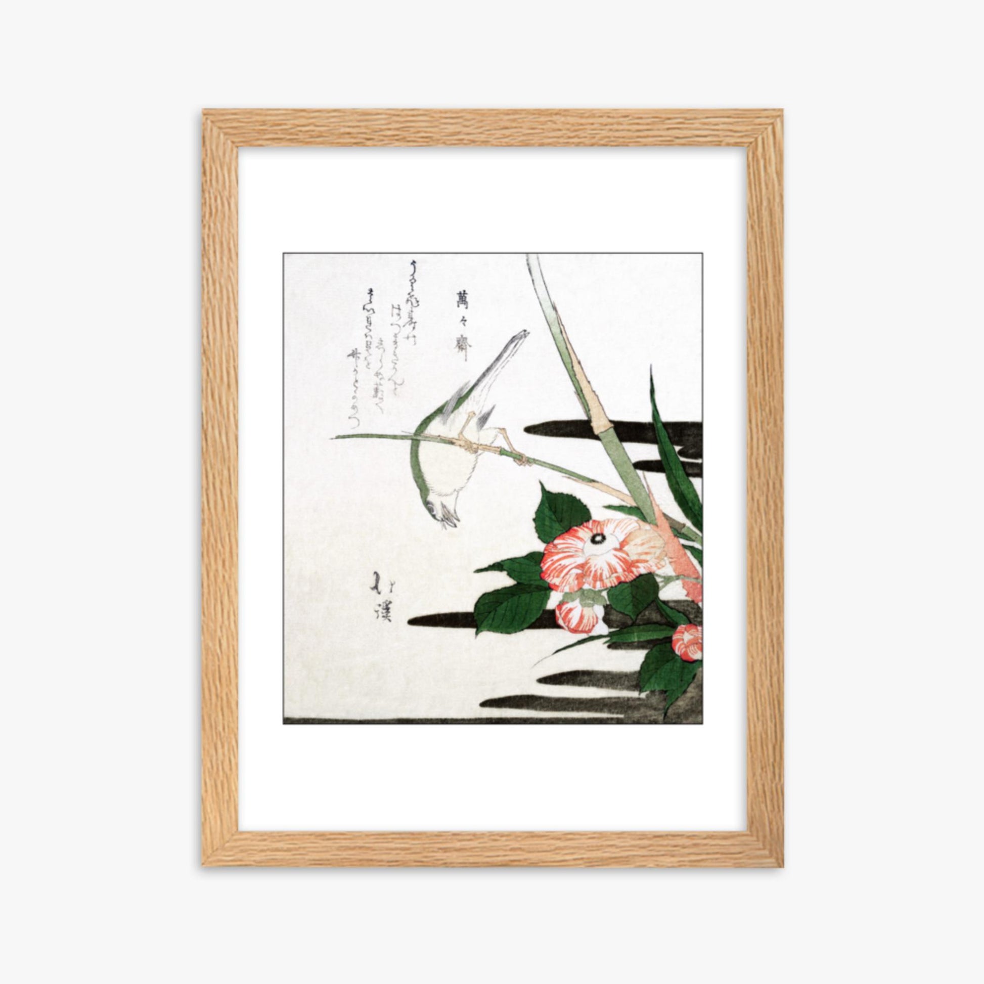 Totoya Hokkei - Warbler and Camellia 30x40 cm Poster With Oak Frame