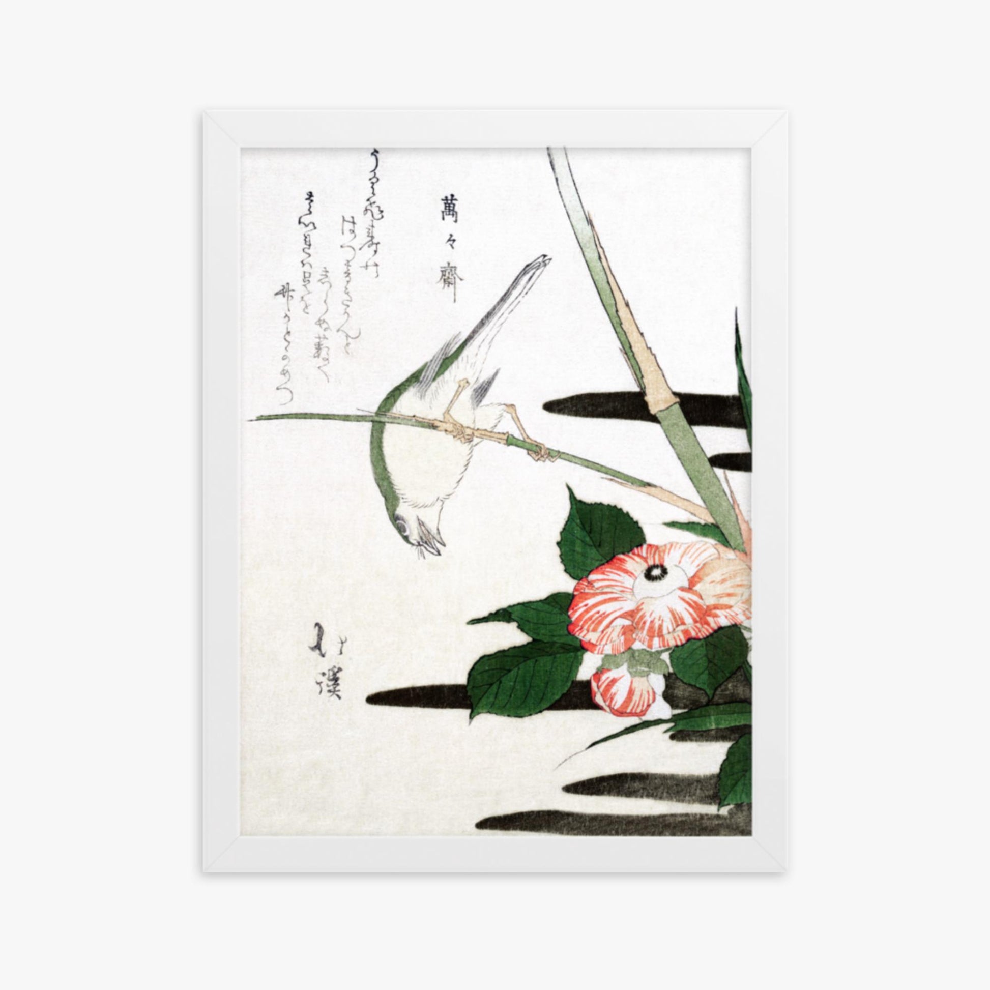 Totoya Hokkei - Warbler and Camellia 30x40 cm Poster With White Frame