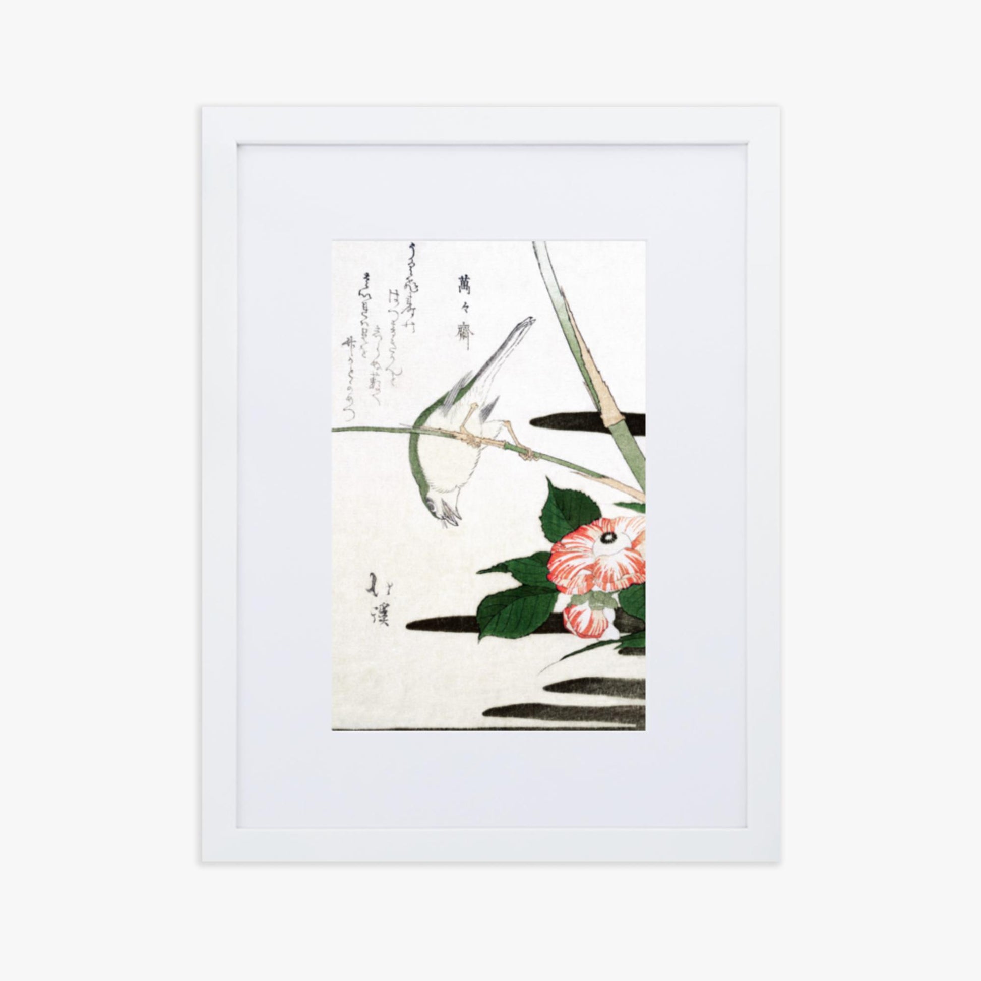 Totoya Hokkei - Warbler and Camellia 30x40 cm Poster With White Frame