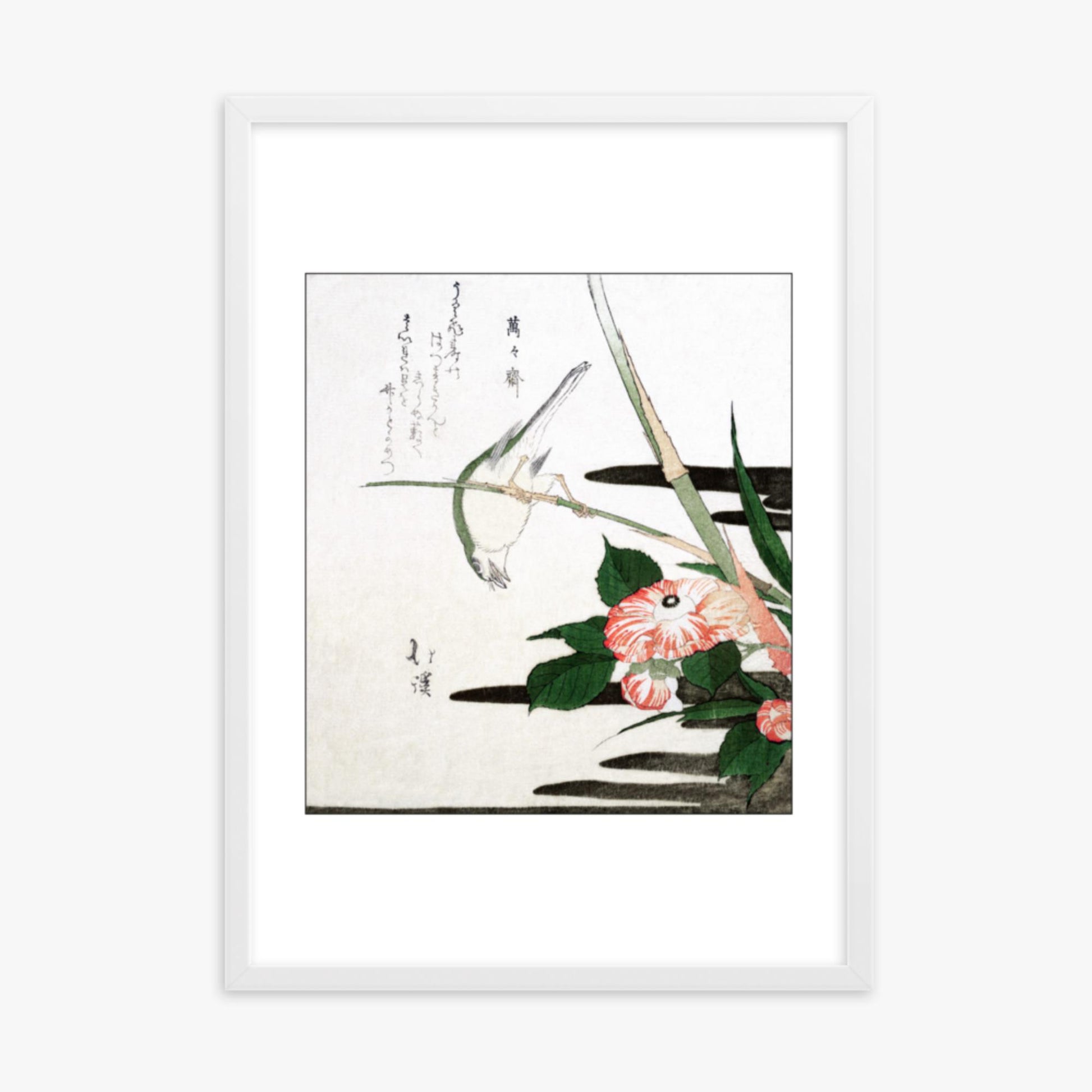 Totoya Hokkei - Warbler and Camellia 50x70 cm Poster With White Frame