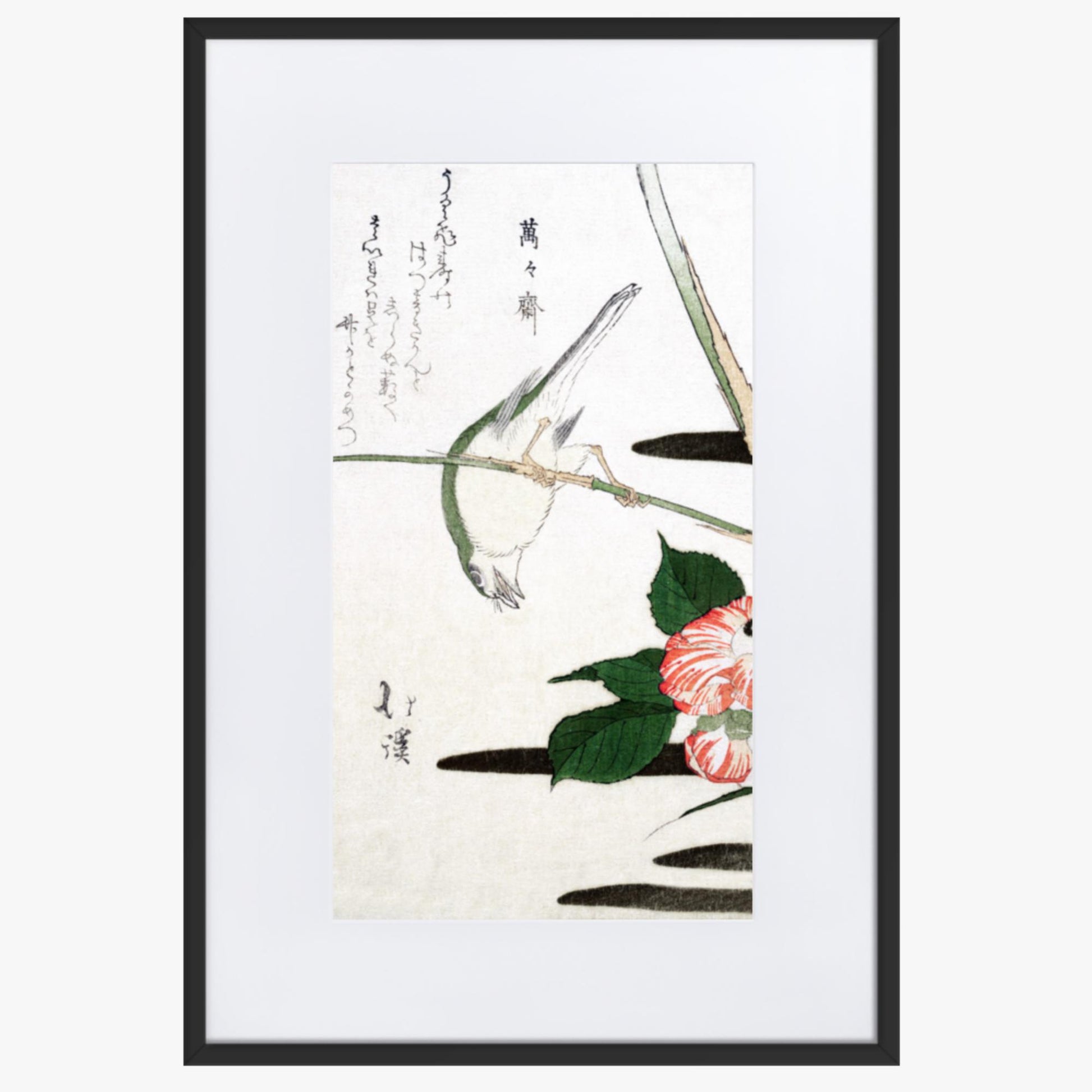 Totoya Hokkei - Warbler and Camellia 61x91 cm Poster With Black Frame