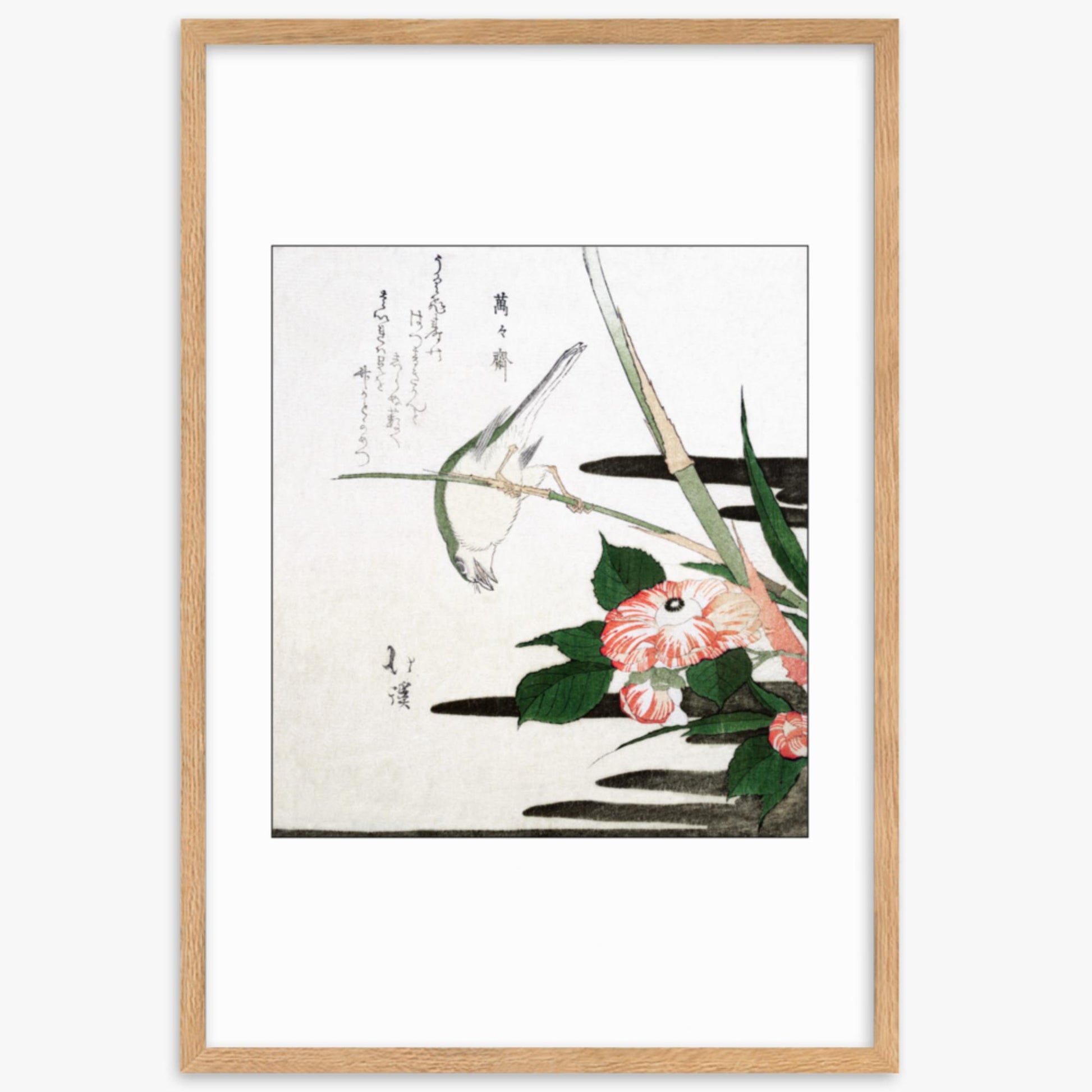 Totoya Hokkei - Warbler and Camellia 61x91 cm Poster With Oak Frame