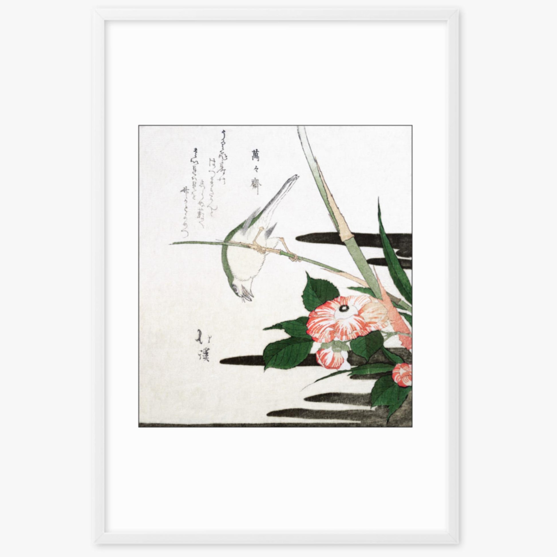 Totoya Hokkei - Warbler and Camellia 61x91 cm Poster With White Frame