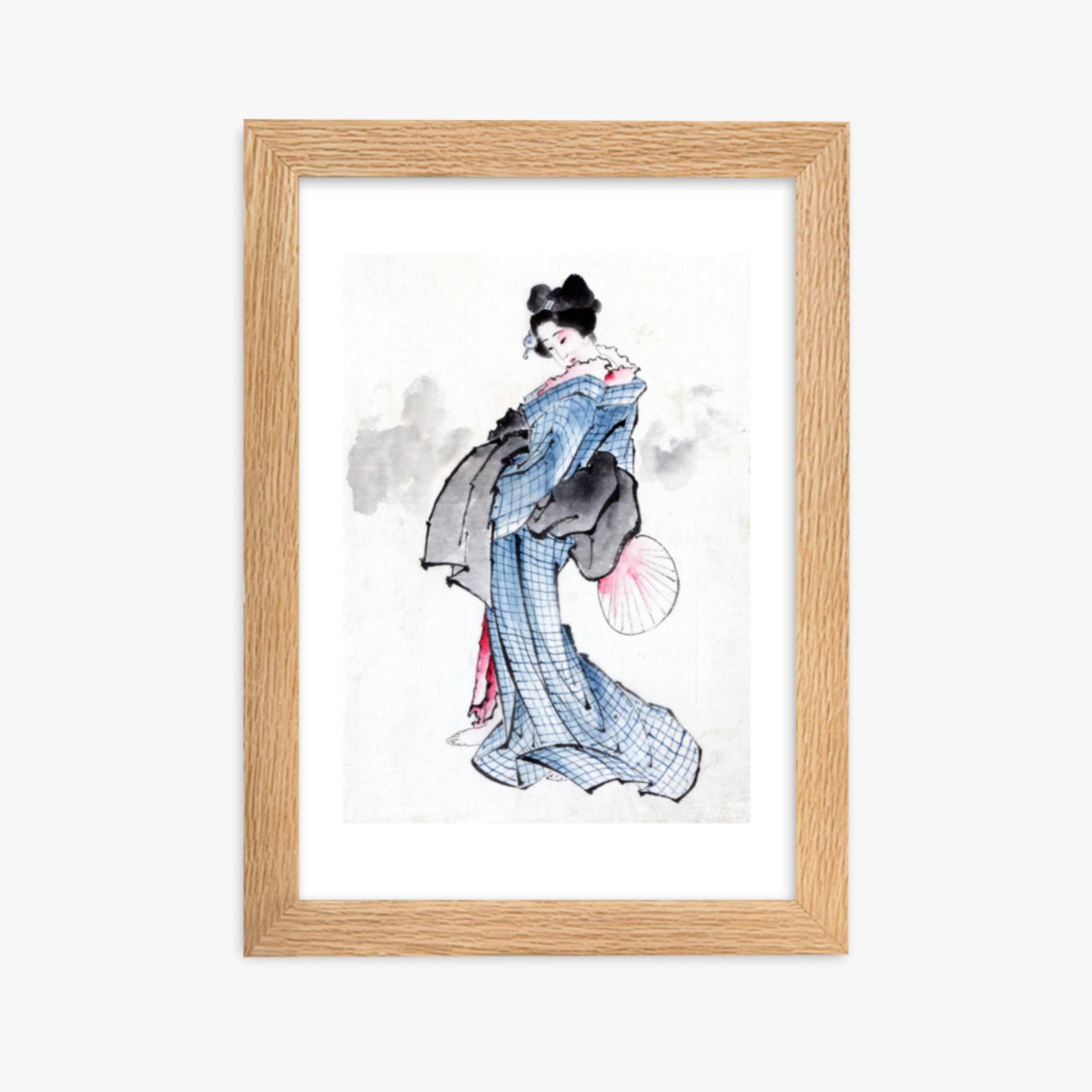 Katsushika Hokusai - Illustration of a Japanese Woman in Kimono 21x30 cm Poster With Oak Frame