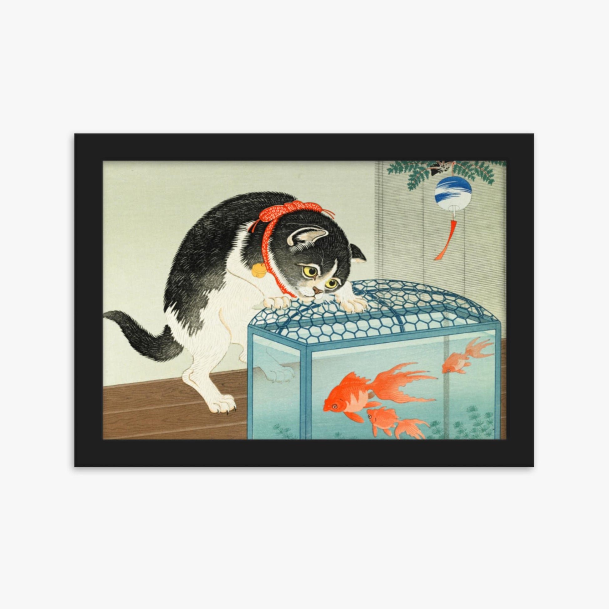 Ohara Koson: Cat and Goldfish - 21x30 cm Poster With Black Frame