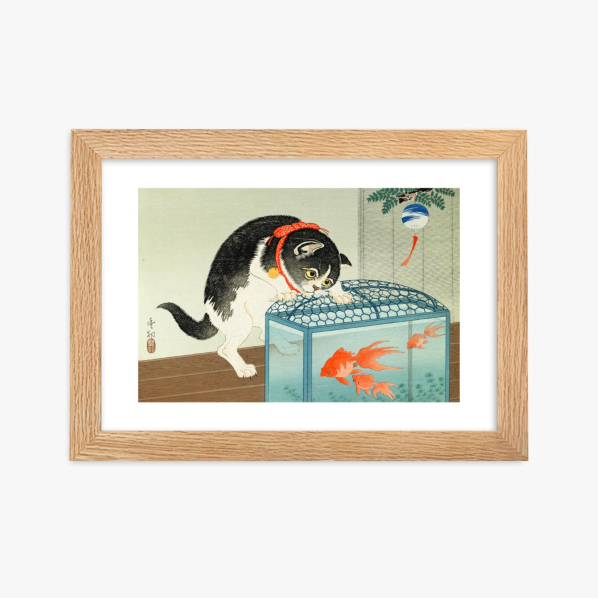 Ohara Koson: Cat and Goldfish - 21x30 cm Poster With Oak Frame