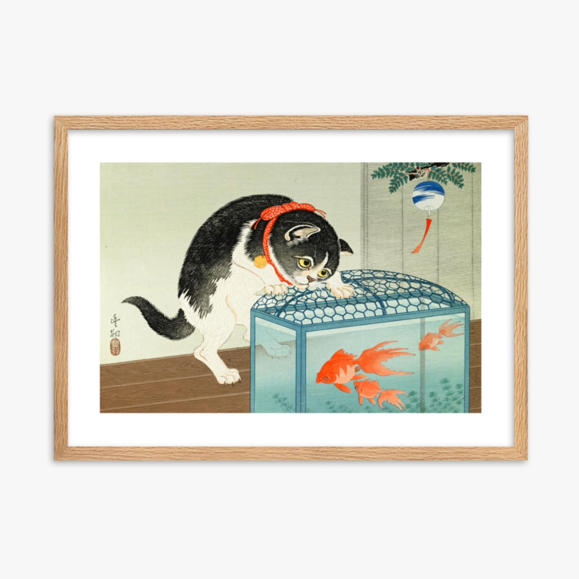 Ohara Koson: Cat and Goldfish - 50x70 cm Poster With Oak Frame