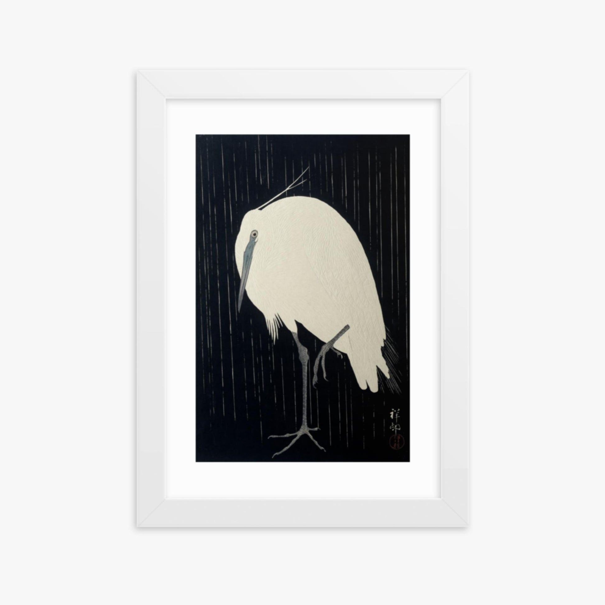 Ohara Koson: Egret in the Rain - 21x30 cm Poster With White Frame