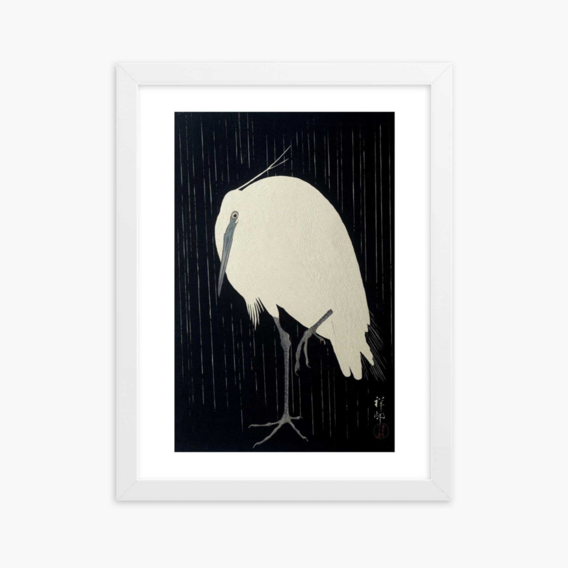 Ohara Koson: Egret in the Rain - 30x40 cm Poster With White Frame