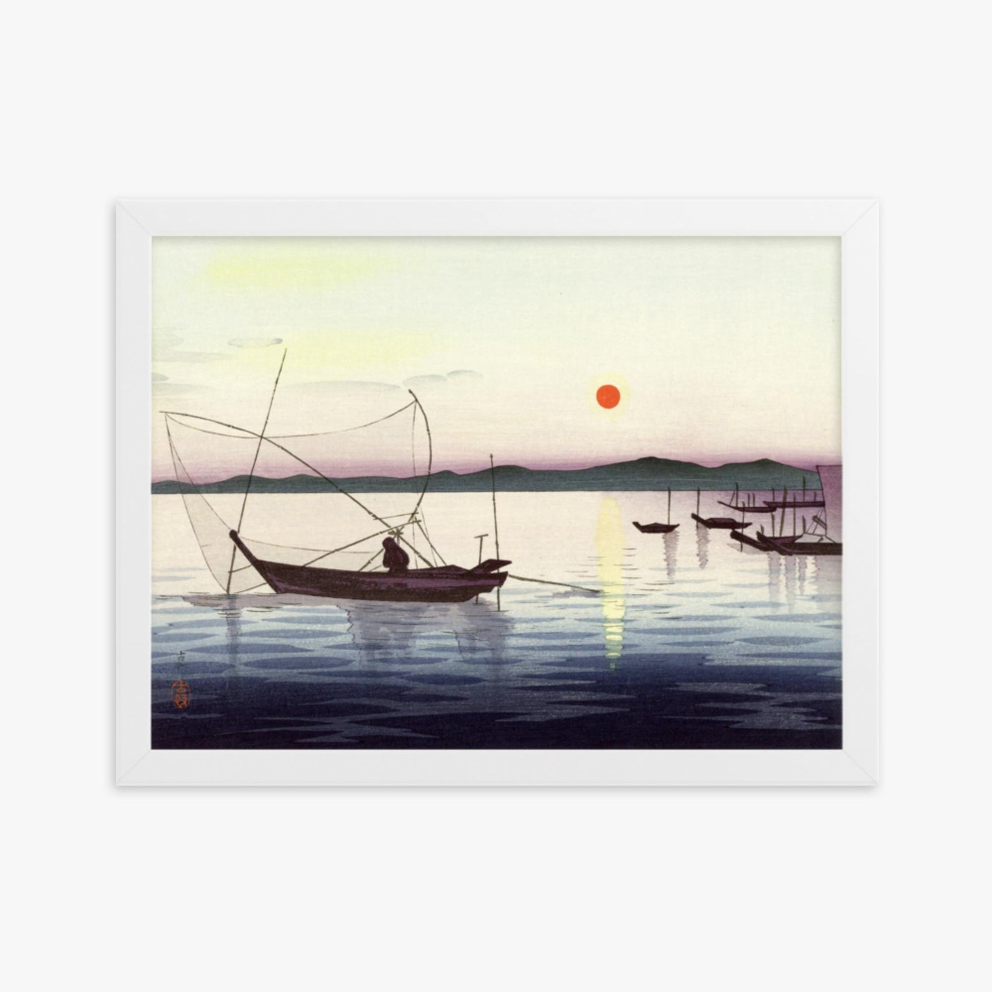 Ohara Koson: Fishing boats at sunset - 30x40 cm Poster With White Frame