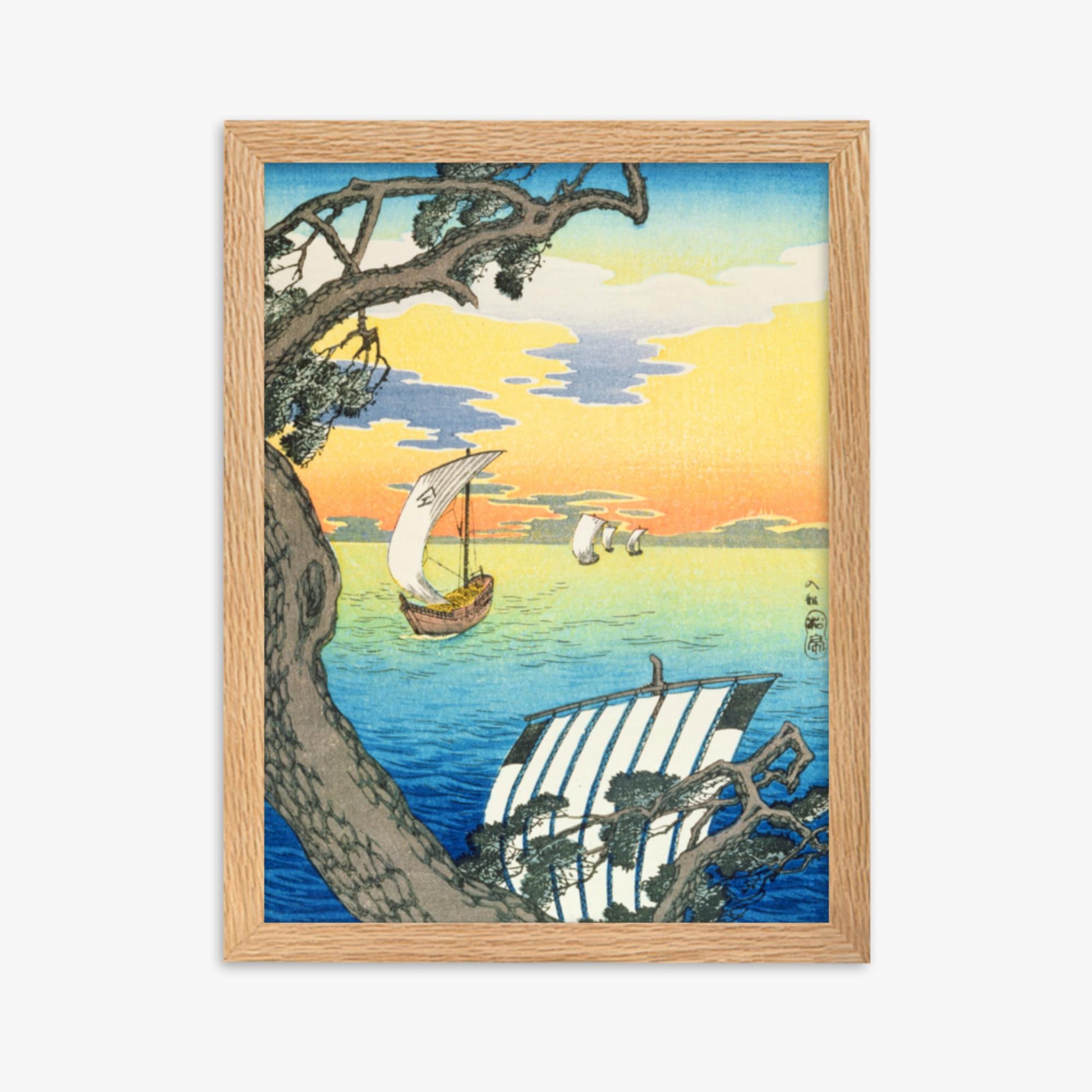 Takahashi Hiroaki: Returning Boats - 30x40 cm Poster With Oak Frame