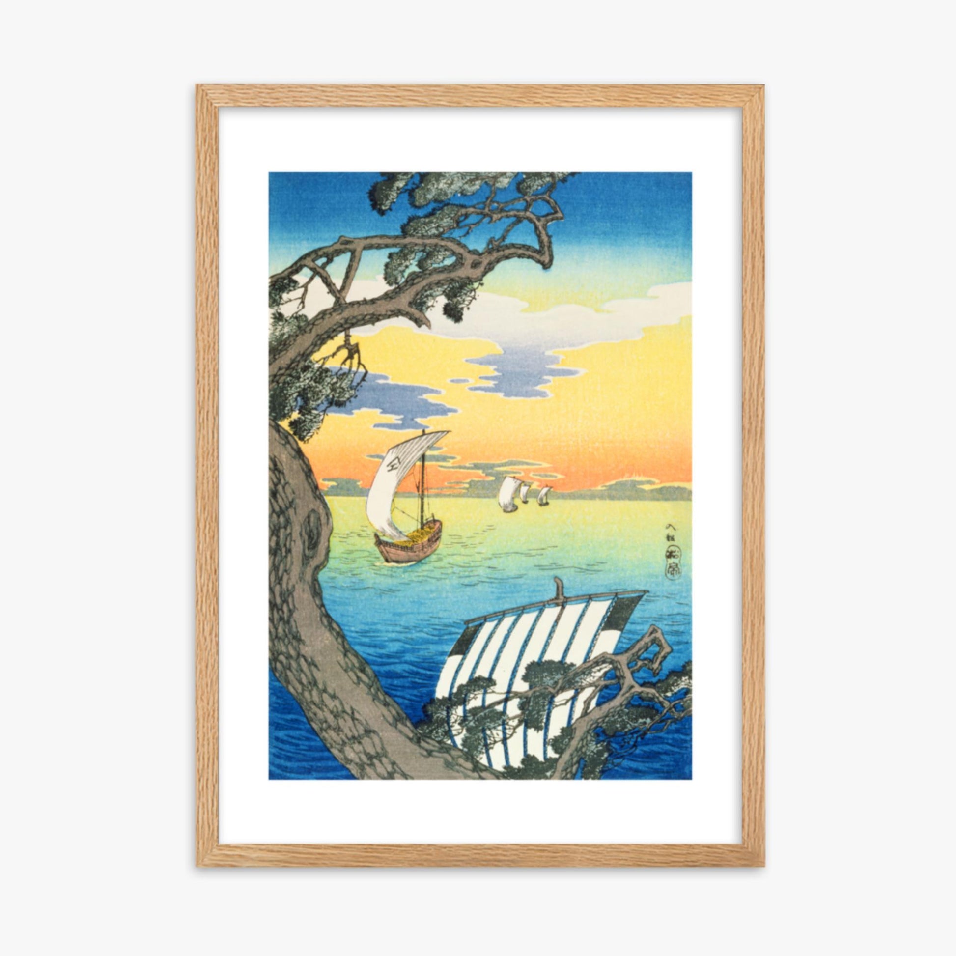 Takahashi Hiroaki: Returning Boats - 50x70 cm Poster With Oak Frame