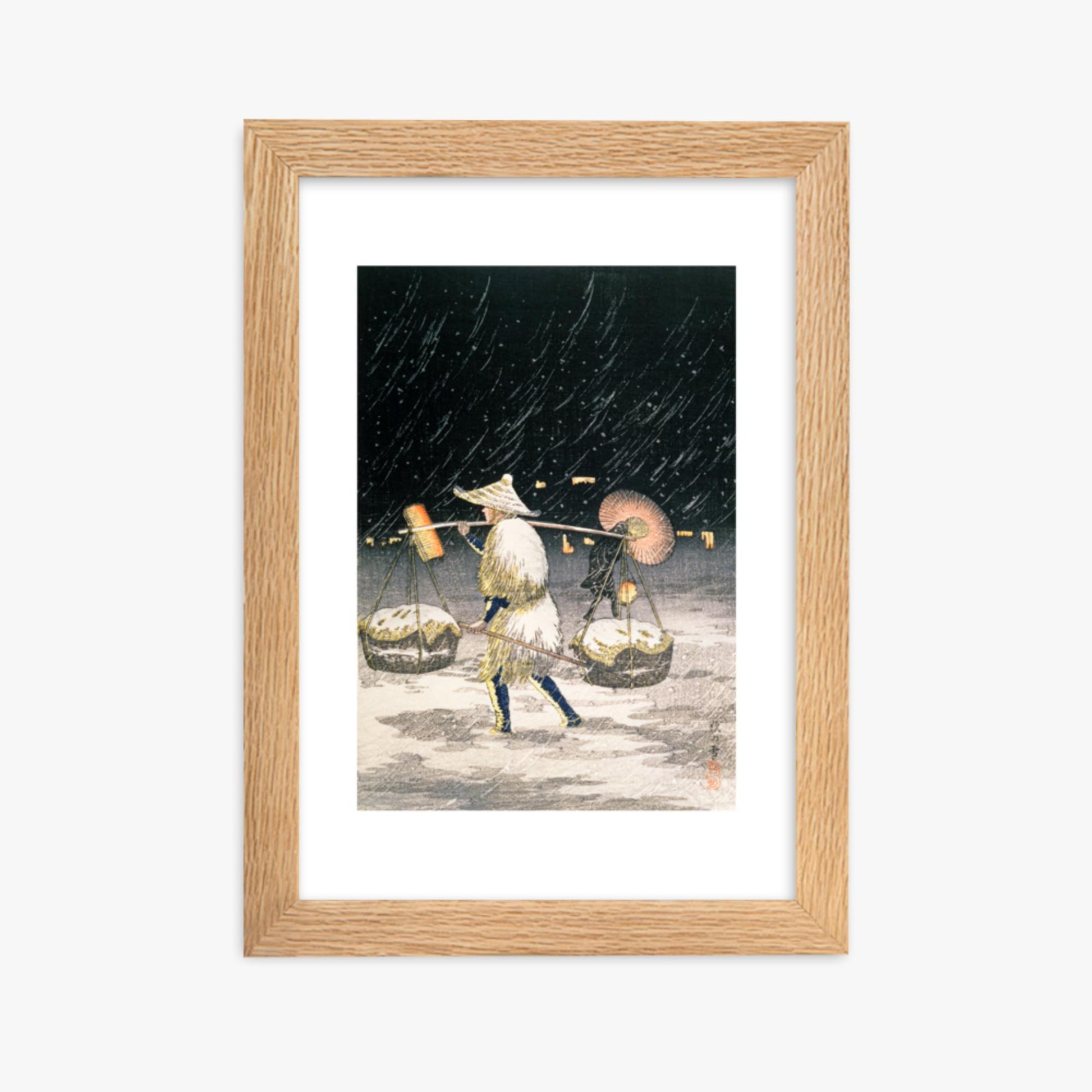 Takahashi Hiroaki: Night Snow - 21x30 cm Poster With Oak Frame