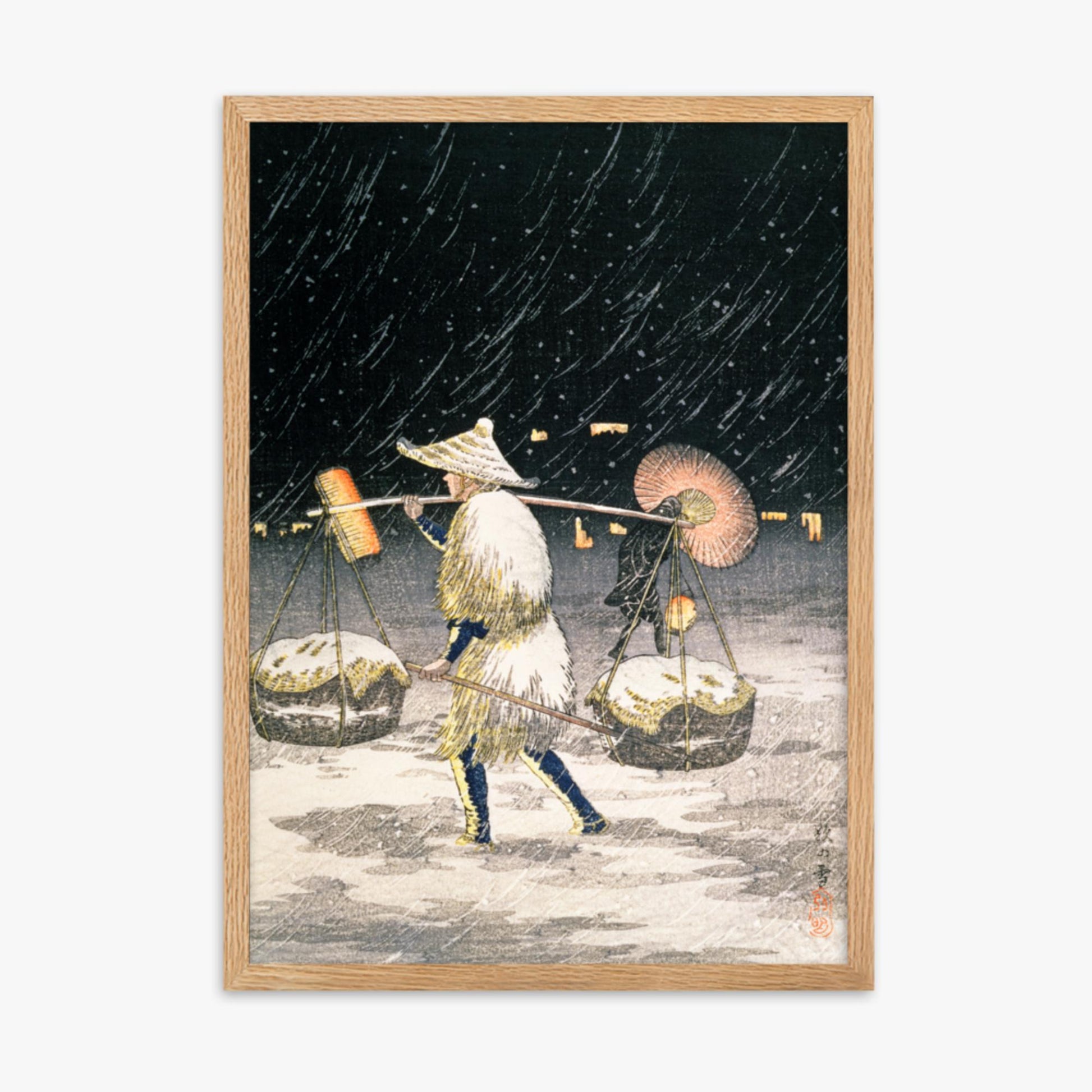 Takahashi Hiroaki: Night Snow - 50x70 cm Poster With Oak Frame