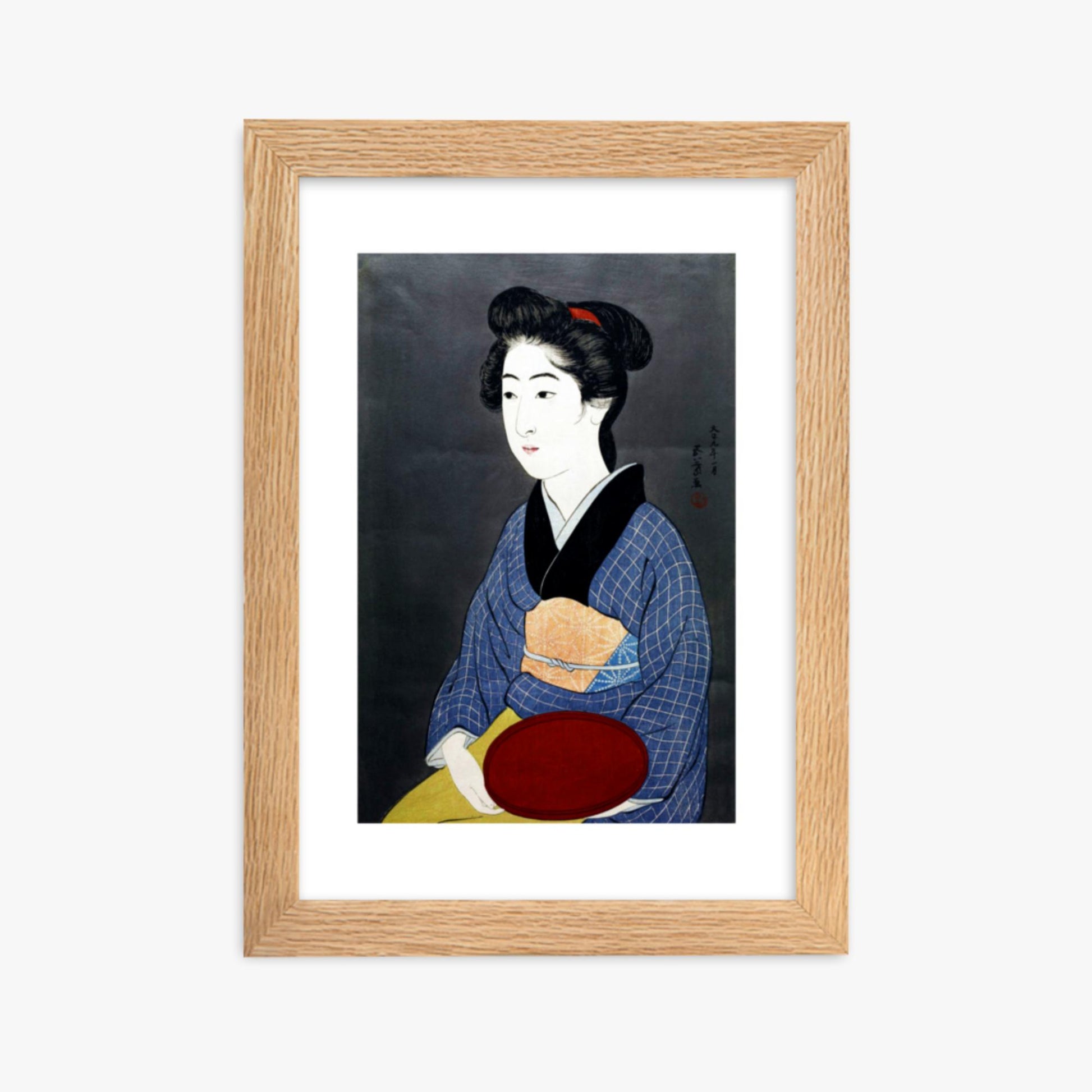 Goyō Hashiguchi: A waitress with a red tray - 21x30 cm Poster With Oak Frame