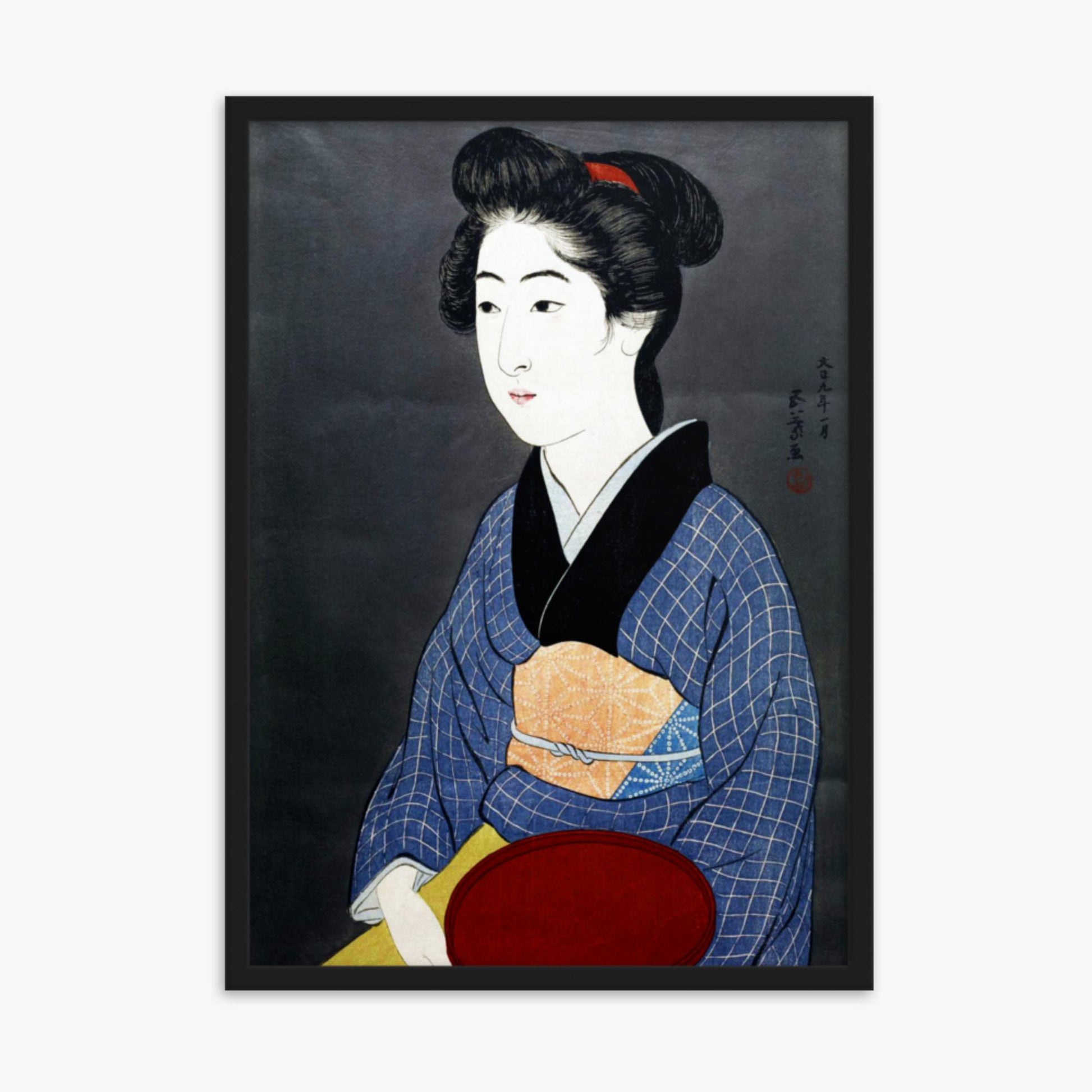 Goyō Hashiguchi: A waitress with a red tray - 50x70 cm Poster With Black Frame