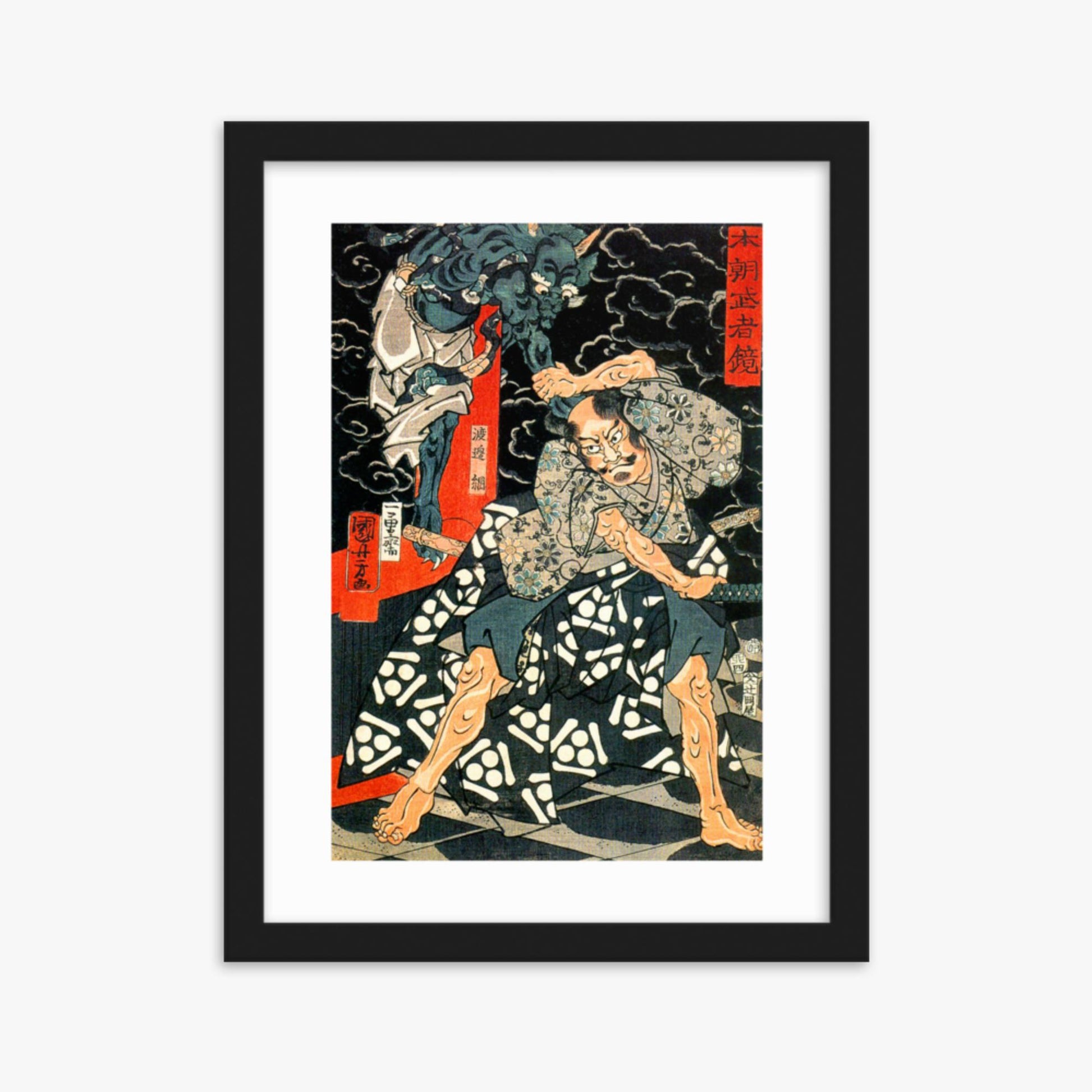 Utagawa Kuniyoshi: Watanabe Tsuna Fighting the Demon at Rashomon - 30x40 cm Poster With Black Frame